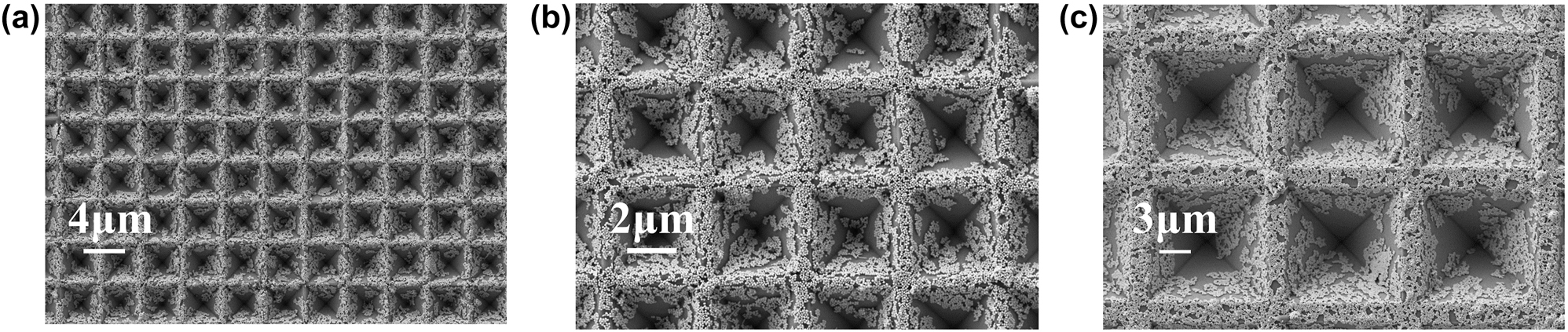 Figure 5:
SEM picture of the PPSi substrates with deposition of Au@Ag nanoparticles. (a) PPSi prepared by a 2 μm square hole with a spacing of 2 μm mask. (b) PPSi prepared by a 4 μm square hole with a spacing of 2 μm mask. (c) PPSi prepared by a 10 μm square hole with a spacing of 3 μm mask.