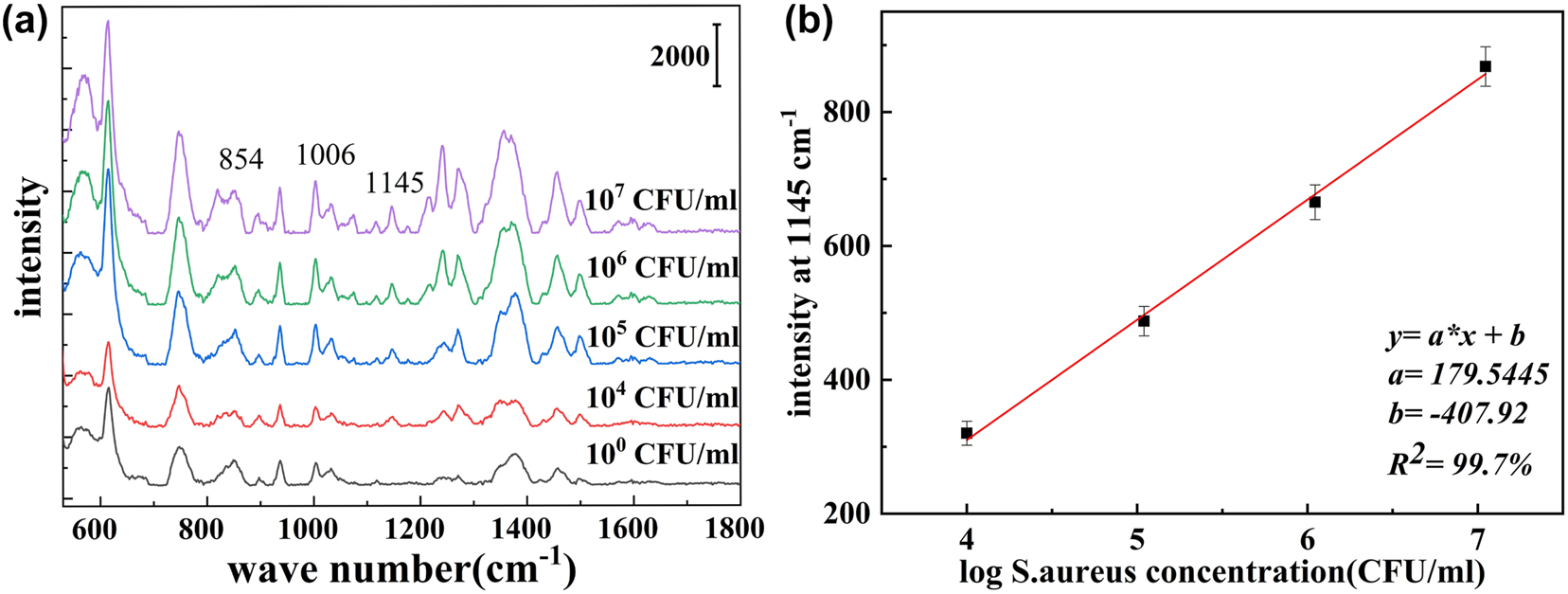 Figure 10:
SERS spectra of S. aureus and calibration curves of Raman intensity versus S. aureus. (a) SERS spectra with S. aureus concentration of 104–107 CFU/mL on the composite SERS substrate. (b) The calibration curve of Raman intensity versus S. aureus concentration (104–107 CFU/ml) at 1,145 cm−1 on the composite SERS substrate.
