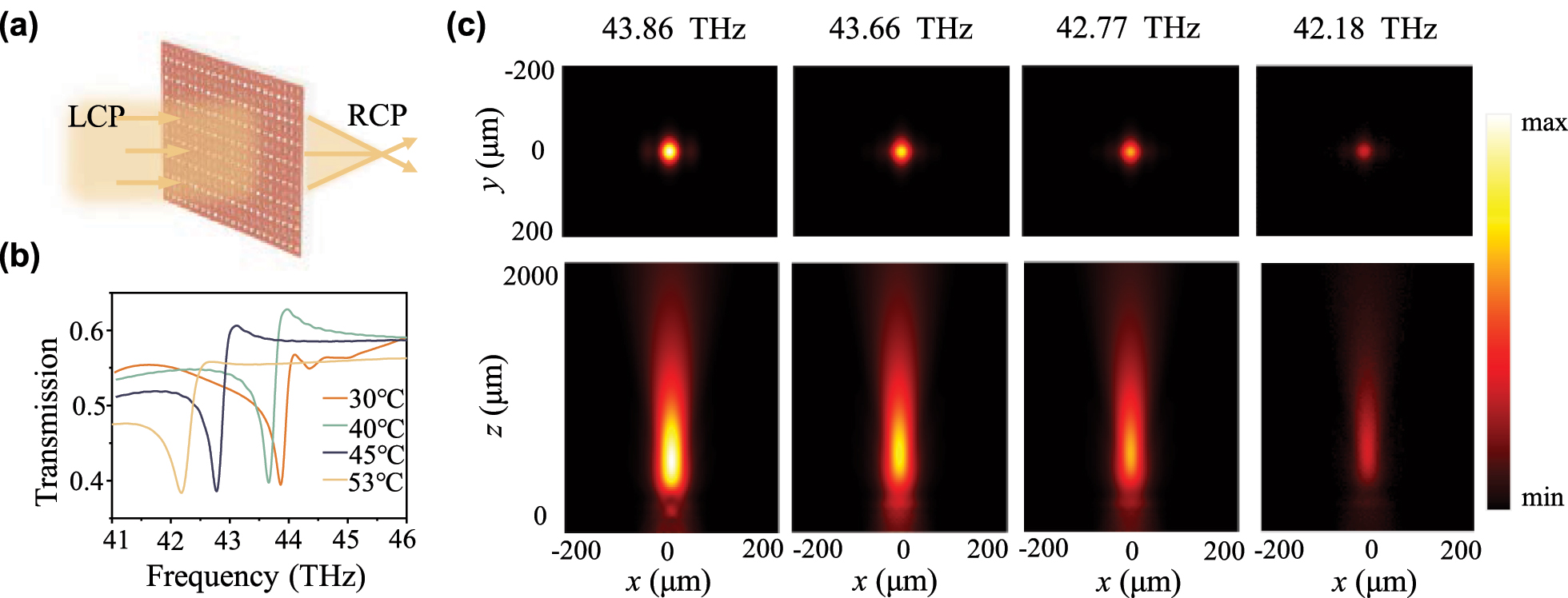 Figure 4: 
Design of a two-dimensional (2D) metalens based on the phase-change nonlocal meta-units and its performance for dynamic focusing. (a) Sketch map of the focusing metalens in 2D space. LCP light is normally incident and the transmitted RCP light is focused. (b) Transmission spectra of the designed metalens with different temperatures, where the resonant frequencies are 43.86 THz, 43.66 THz, 42.77 THz, and 42.18 THz, respectively. (c) The transverse and longitudinal far-field profiles through the focusing spot of the metalens under different temperatures for the converted RCP component at the corresponding resonant frequencies, 43.86 THz, 43.66 THz, 42.77 THz, and 42.18 THz, respectively.

