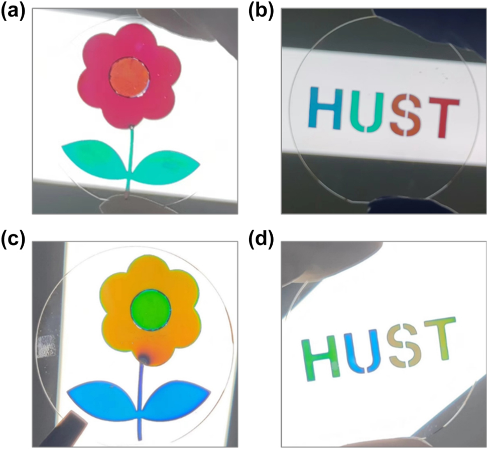 Figure 7: 
Color image patterns on 2-inch fused silica substrates. (a) Photo of a colored flower based on the Ag–SiO2–Ag–SiO2–Ag configuration. The SiO2 layer thicknesses for the areas of the green branches and leaves, the yellow center, and the red petals are 120 nm, 155 nm, and 175 nm, respectively. (b) Photo of colored “HUST” letters based on the Ag–SiO2–Ag–SiO2–Ag configuration. The SiO2 layer thicknesses for the areas of “H”, “U”, “S”, and “T” are 112 nm, 120 nm, 155 nm, and 175 nm, respectively. (c) Photo of a colored flower based on the Ag–Ta2O5–Ag–Ta2O5–Ag configuration. The Ta2O5 layer thicknesses for the areas of the blue branches and leaves, the green center, and the yellow petals are 57 nm, 80 nm, and 63 nm, respectively. (d) Photo of colored “HUST” letters based on the Ag–Ta2O5–Ag–Ta2O5–Ag configuration. The Ta2O5 layer thicknesses for the areas of “H”, “U”, “S”, and “T” are 63 nm, 57 nm, 80 nm, and 75 nm, respectively. For all samples, the thicknesses of the top and bottom Ag layers are fixed at 20 nm, and the middle Ag layer is 50 nm.
