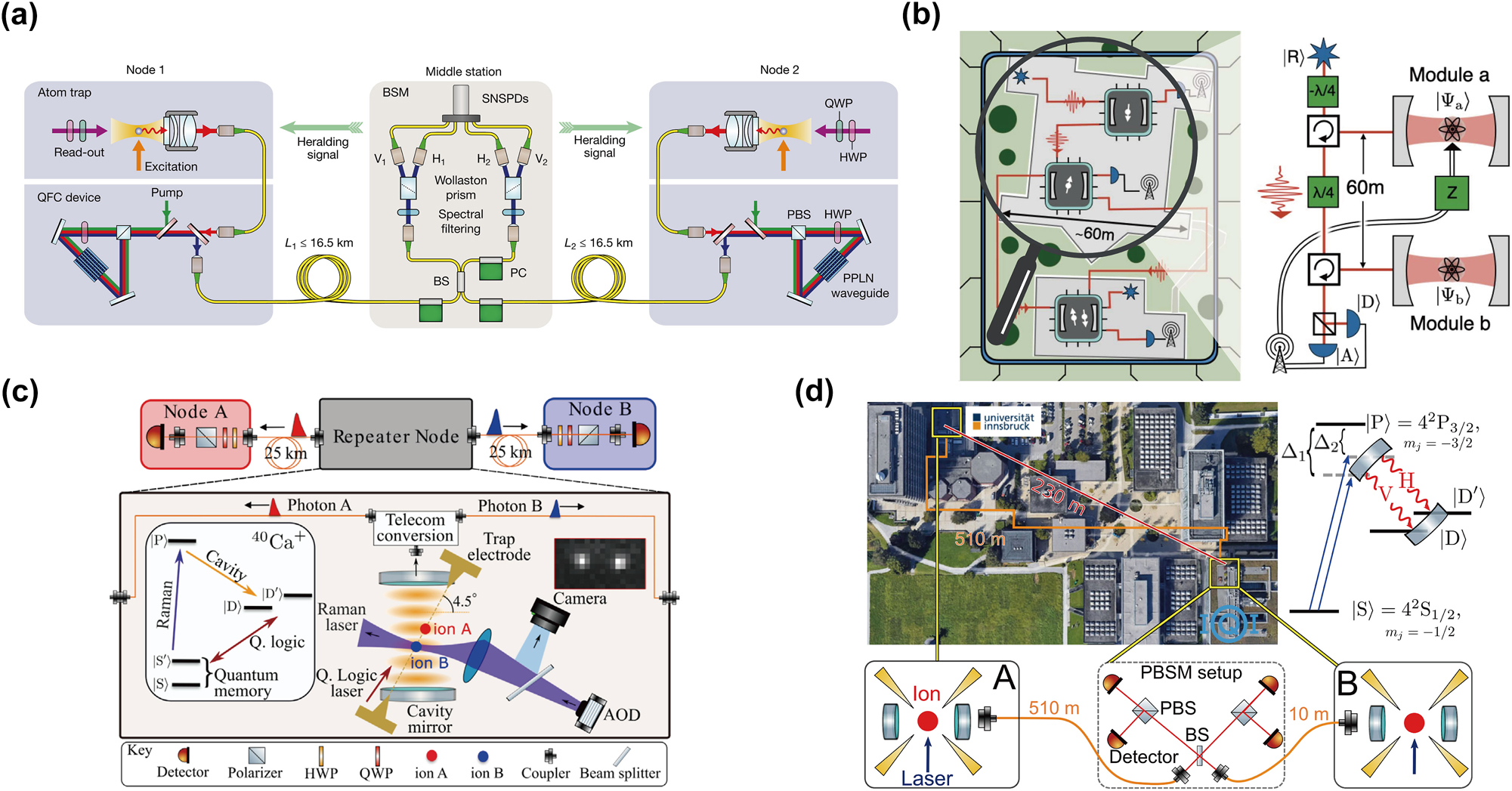 Figure 3: 
The state-of-the-art demonstration of quantum networks based on single atoms and trapped ions. (a) Heralded entanglement between two single atoms over a 33-km coiled fiber. Reproduced under the terms of the CC BY 4.0 license [9]. Copyright 2022, Springer Nature. (b) A quantum-logic gate between two quantum nodes over a 60-m fiber link. Reproduced with permission [29]. Copyright 2021, AAAS. (c) A quantum repeater node based on trapped ions with an optical cavity enabled the establishment of photonic entanglement between two telecom-wavelength photons over 50 km of coiled fiber links. Reproduced with permission [138]. Copyright 2023, APS. (d) The heralded entanglement between two ions with a distance of 230 m over a 520-m fiber link. Reproduced with permission [95]. Copyright 2023, APS.
