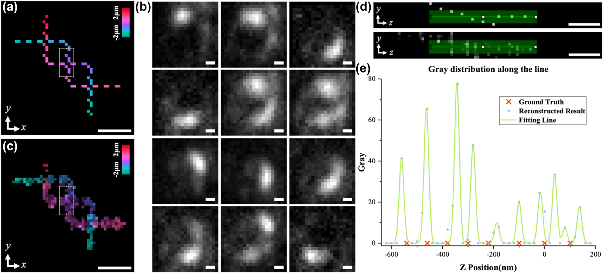 Figure 6: 
Using SH-CS to deal with experimental data. (a) z-axis projection of 3D experimental sample designed by experimental data; (b) multiple original images obtained by light needle scanning; (c) z-axis projection of reconstructed 3D sample structure; (d) the structures in the rectangles in (a) and (c) are projected onto the yoz plane and shown in the upper and lower subfigure, respectively; (e) intensity distribution along the green stripe in (d). Color bars in (a) and (c) represent the axial depth corresponding to the pseudo-color. Scale bar: 240 nm.
