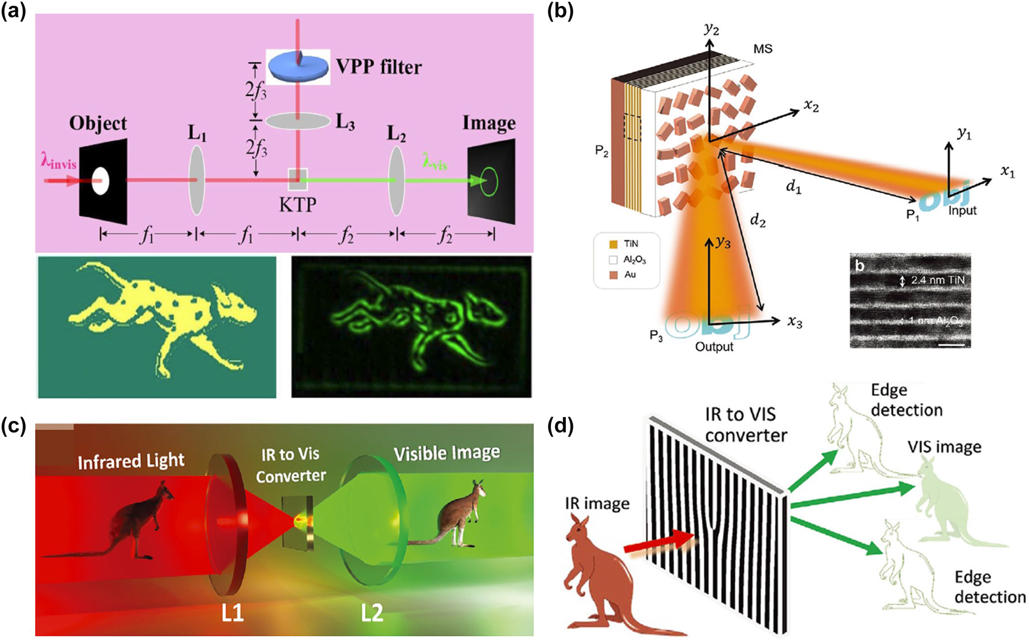 Figure 10: 
Nonlinear differentiator based on metasurface. (a) Schematic diagram of nonlinear spiral phase contrast imaging. Reproduced from Ref. [143]. (b) Nonlinear computational edge detection metalens. Reproduced from Ref. [144]. (c) and (d) Infrared (IR) to visible (VIS) up-conversion for image processing. Reproduced from Ref. [60].
