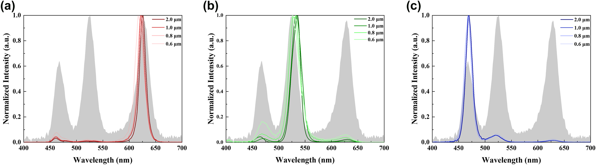 Figure 3:
Emission spectrum of different sizes meta-QLEDs based on pixelated topological meta-mirror structure for (a) red light, (b) green light, and (c) blue light.
