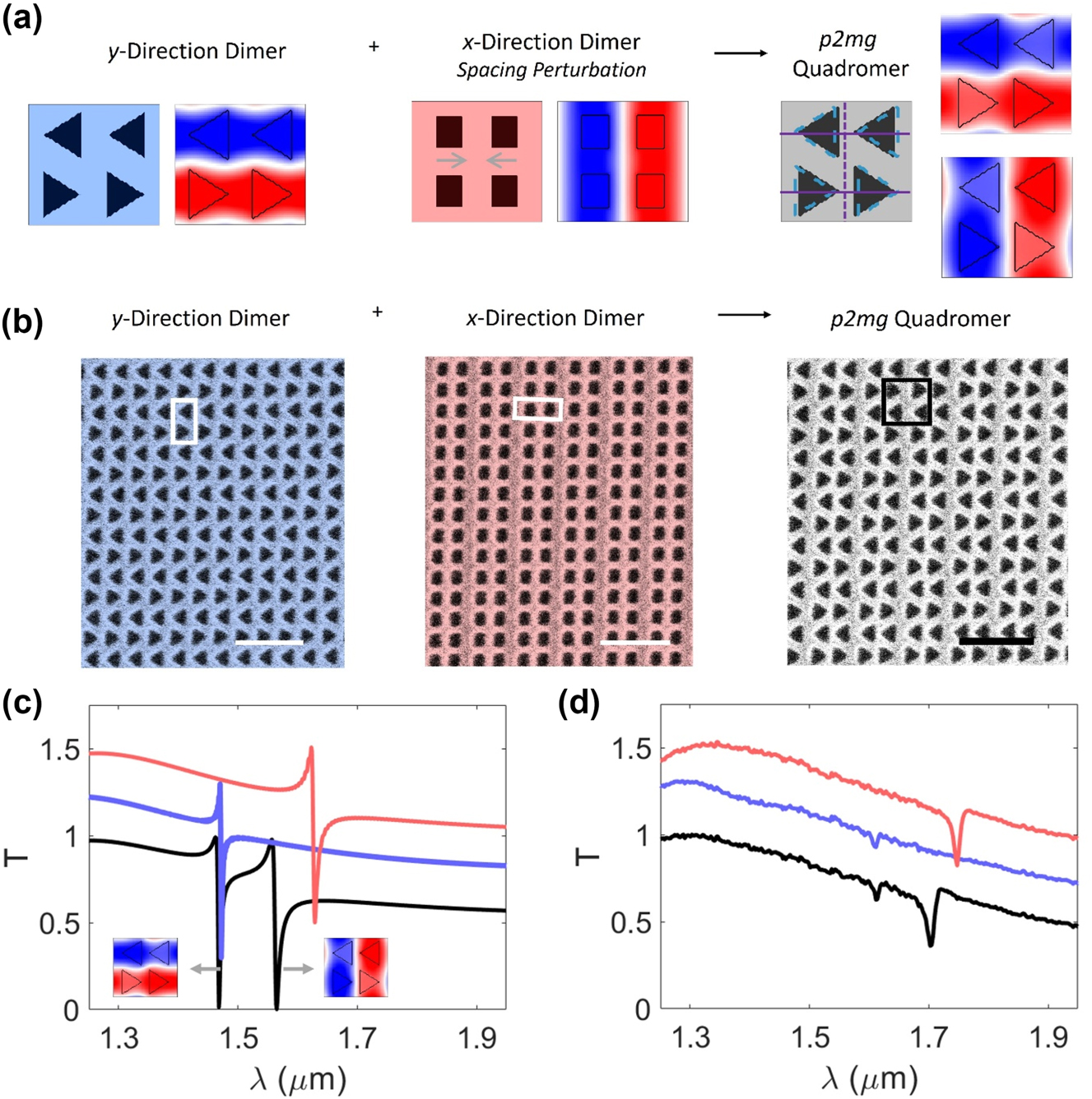 Figure 3:
Experimental demonstration of copolarized pairs of q-BICs formulated by combining dimerized lattices. (a) Construction of p2mg quadromer (with mirrors and glides marked with solid and dashed lines, respectively) supporting a pair of B q-BICs from x- and y-direction dimers. (b) False color scanning electron microscope images of fabricated metasurfaces. Scale bars: 1 µm. Boxes indicate one primitive unit cell. Device dimensions detailed in Fig. S5. (c and d) Simulated (c) and measured (d) transmission for y-polarized incident light. Blue curve: y-direction dimer. Red curve: x-direction dimer. Black curve: quadromer. Each curve offset by 0.25. Insets in (c): Out-of-plane component of magnetic field of q-BICs.