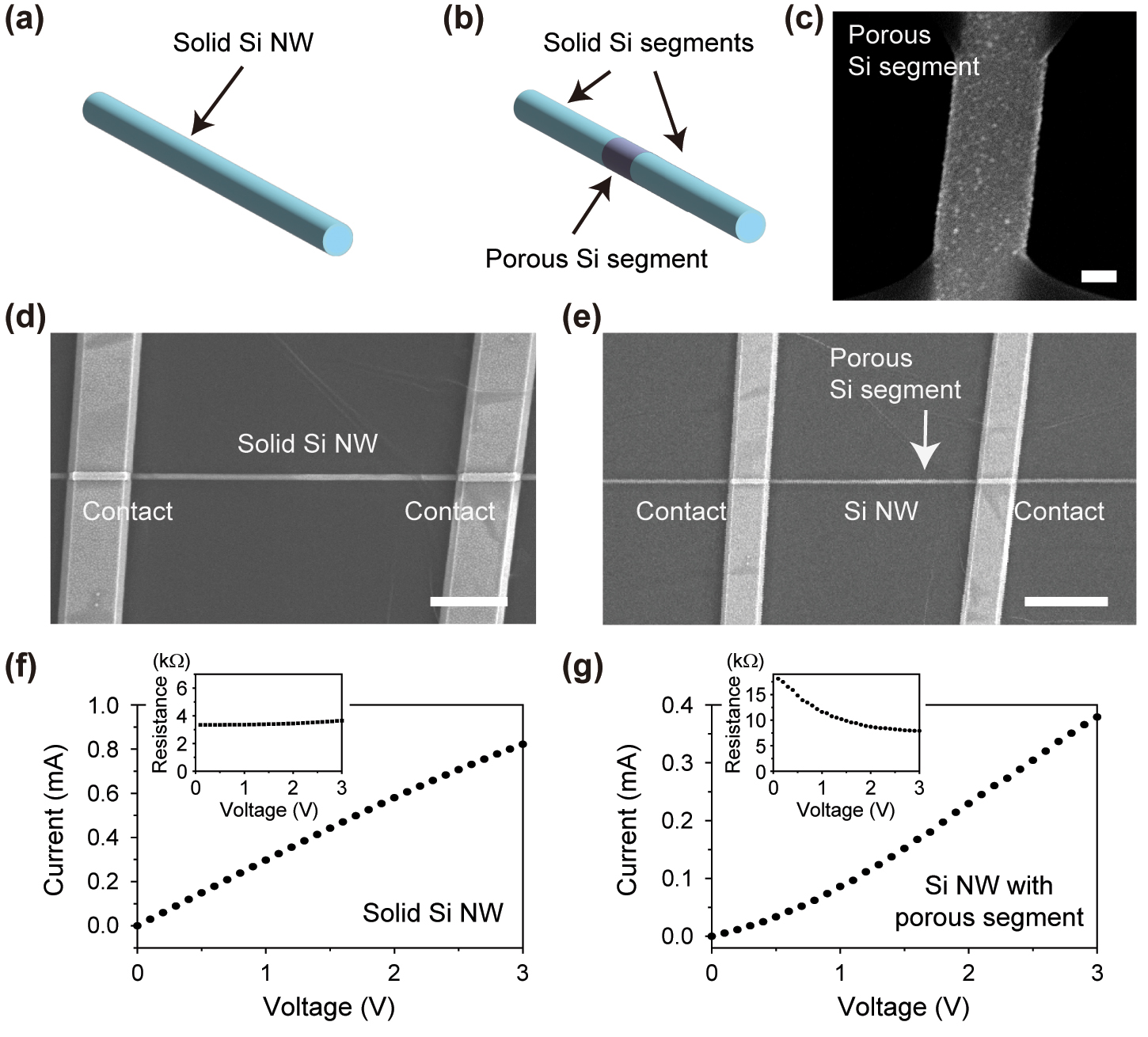 Figure 2: 
Si NWs without and with the porous segment. (a) Schematic of the solid single Si NW. (b) Schematic of the single Si NW with the porous segment between two solid segments. (c) SEM image of a porous segment of the Si NW. The scale bar is 100 nm. (d) SEM image of the solid Si NW device. The surface was passivated using hBN. The scale bar is 3 μm. (e) SEM image of the Si NW device with the porous segment. The surface was passivated using hBN. The position of the porous segment is indicated by a white arrow. The scale bar is 5 μm. (f–g) Measured I-V curves of the solid Si NW (f) and the Si NW with the porous segment (g). The insets show the resistance derived from the I-V curves as a function of voltage.
