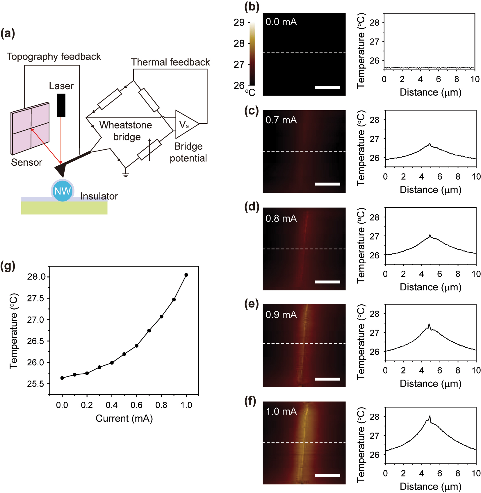 Figure 3: 
Measurement of heat generation in the solid Si NW. (a) Schematic illustration of SThM. The illuminating laser is reflected by the AFM tip and detected by the sensor to map the topography of the NW. The variable resistance in the Wheatstone bridge, connected to the tip, is adjusted under the bridge potential, and the temperature change is estimated by the potential change. (b–f) SThM images (left panels) and temperature profiles (right panels) of the solid Si NW device. The current was applied to the device at 0.0 mA (b), 0.7 mA (c), 0.8 mA (d), 0.9 mA (e), and 1.0 mA (f). The colored scale bar indicates the measured temperature. The scale bars are 3 μm in each left panel. The temperature profile was obtained from the white dashed lines in each SThM image. (g) Temperature curve as a function of the current. The temperature was obtained at the peak of the measured temperature profiles.
