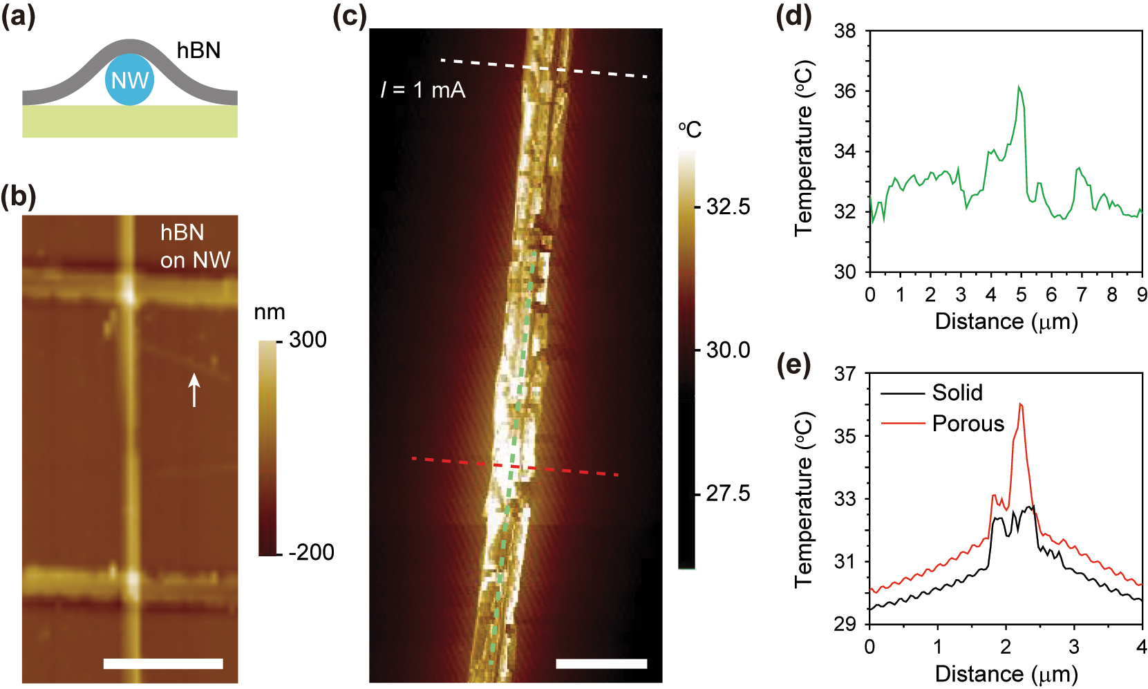 Figure 4: 
Heat generation in the hBN-passivated NW. (a) Cross-sectional illustration of the hBN-covered Si NW on the substrate. (b) AFM image of the Si NW device. The surface was passivated using hBN. The white arrow denotes the wrinkle of the hBN layer. The colored scale bar indicates the measured height. The scale bar is 4 μm. (c) SThM image of the Si NW device with the porous segment in b. A current of 1.0 mA was applied to the NW device. The colored scale bar indicates the measured temperature. The scale bar is 2 μm. (d) Temperature profile along the longitudinal axis of the NW device (green dashed line in c). The temperature maximum was recorded at ∼5 μm, which is the location of the porous segment. (e) Temperature profiles along the cross-sectional axes of the NW device in the solid (black) and porous (red) segments. The black and red curves were measured along the white and red dashed lines in c, respectively. The temperature maxima were observed at ∼2 μm, which is the location of the NW. The higher temperature peak was recorded at the porous segment.
