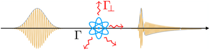 Figure 4: 
Illustration (not to scale) of the excitation of quantum matter system by a quantum pulse of light (with Gaussian temporal envelope). Γ represents the interaction strength with the pulse, while Γ⊥ describes emission into other (inaccessible) orthogonal field modes. As illustrated, the shape of the wave packet is changed by the interaction with the matter system. Taken from Ref. [76]
