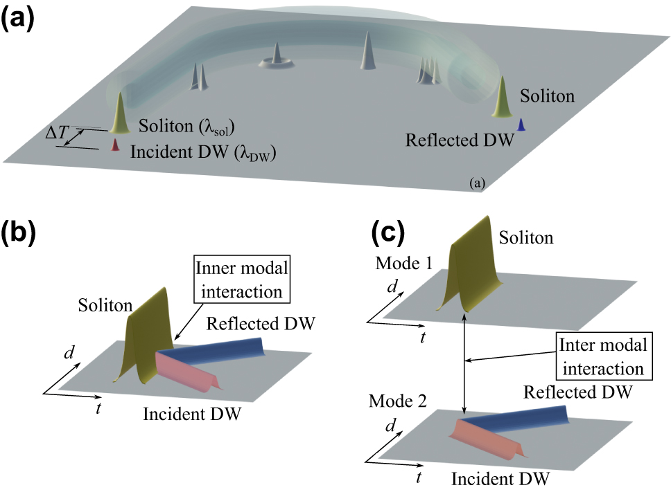 Figure 1: 
Schematic representation of a soliton-dispersive wave (DW) interaction in a multimode optical fiber. (a) At the input we inject a soliton at λ
sol and a DW pulse at λ
DW, delayed ΔT. At the output, one obtains a transmitted and a reflected DW pulse, both traveling at different velocities from the soliton, after the pulse interaction process. Along the fiber we schematically represent the different fiber modes. (b) Temporal reflection for the singlemode case, showing the intra-modal interaction, and (c) for soliton and DW propagating in different modes.
