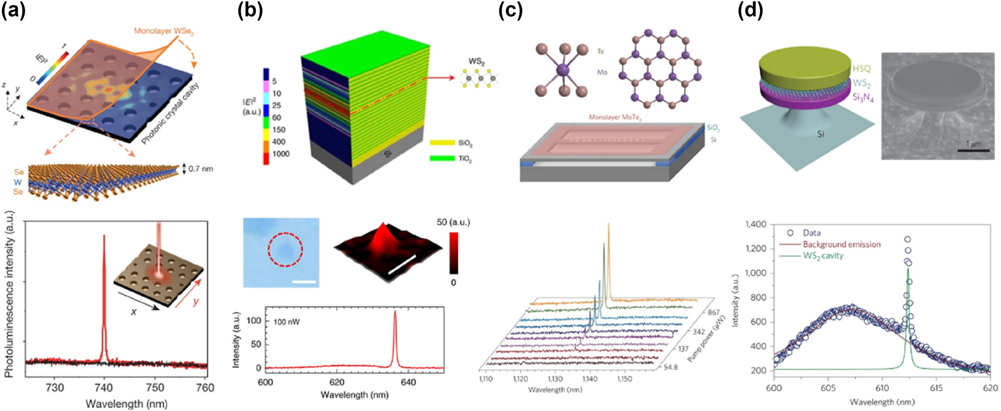 Figure 5: 
Four distinct cavity architectures for TMD-based intralayer exciton lasers. (a) Top panel: the architecture of a hybrid monolayer WSe2 PCC nanolaser, including a color plot depicting the electric field profile of the fundamental cavity mode (before the WSe2 transfer). Bottom panel: the polarization-resolved PL spectrum of the nanolaser at 80 K. The black and red lines correspond to detected linear polarizations in the x and y directions, respectively. Reproduced from ref. [12]. Copyright 2017, Springer Nature. (b) Top panel: the structural schematic of a vertical-cavity surface-emitting laser based on a monolayer of WS2. Middle panel: the optical image of monolayer WS2 (left) and the spatially resolved PL intensity mapping of the microcavity sample (right). The scale bars represent 2 µm. Bottom panel: the PL spectra collected at the center of the sample with an excitation power of 100 nW. Reproduced from ref. [108]. Copyright 2017, Springer Nature. (c) Top panel: the atomic structure of monolayer MoTe2 and the silicon photonic crystal nanobeam cavity structure with a monolayer of MoTe2 positioned on top. Bottom panel: the PL spectra at increasing pump power levels, showing the transition from spontaneous to stimulated emission. Reproduced from ref. [107]. Copyright 2017, Springer Nature. (d) Top panel: the schematic (left) and scanning electron microscope image (right) of a monolayer WS2 microdisk laser, comprising a sandwich structure of Si3N4/WS2/HSQ. Bottom panel: the PL spectrum fitted with bi-Lorentzian curves, separating the monolayer WS2 PL background (from the microdisk center) from the sharp cavity emission. This distinction highlights the lasing characteristics of the cavity, where the narrow emission peak signifies stimulated emission within the microdisk laser. Reproduced from ref. [106]. Copyright 2015, Springer Nature.
