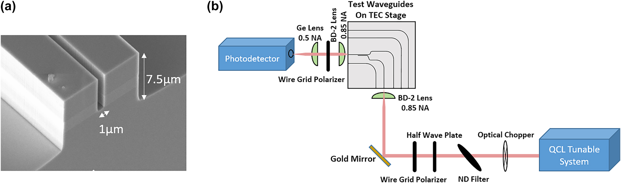 Figure 3:
Characterization of fabricated multiplexers. (a) Cross sectional SEM image of the coupling region of an evanescent coupler. The separation gap between the two parallel running waveguides is etched only to the bottom of the In0.53Ga0.47As core (lighter grey color in the image), while the outside of the waveguides is etched 3 μm deep into InP:Fe substrate. (b) Schematic of the experimental setup used to characterize the evanescent couplers.