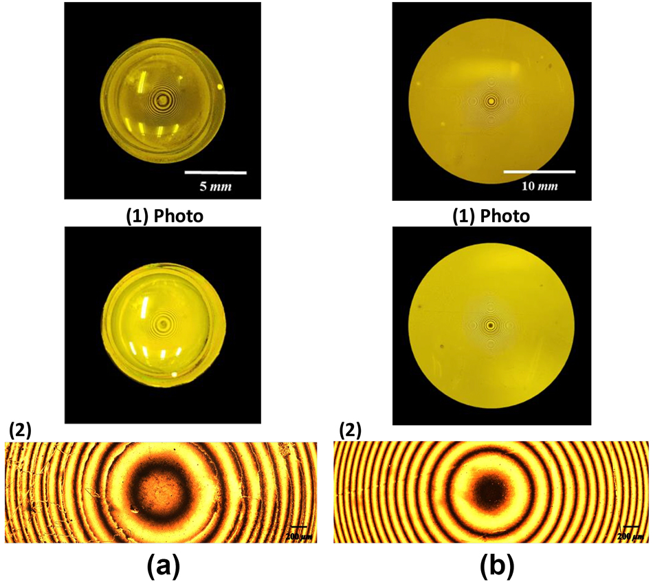 Figure 2:
Produced GPOE. (1) Photo and (2) 50× maginification microscope image. (a) Curved GPOE fabricated between two crossed polarizers. (b) Flat GPOE fabricated between two crossed polarizers.