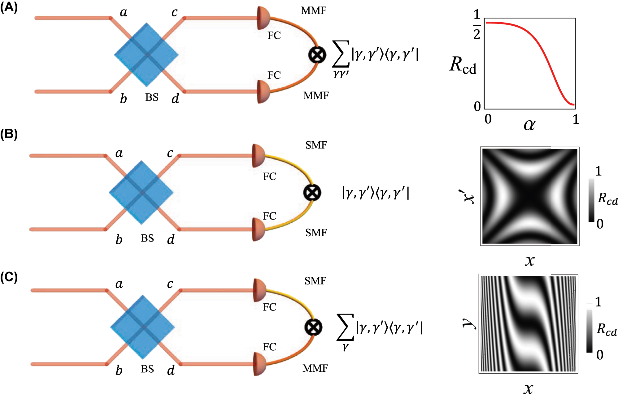 Figure 1: 
Examples of HOM experimental configurations. Photon pairs enter ports a and b of a beamsplitter, BS, and coincidence counts between the two output paths c and d are collected, typically after coupling to fibres (FC). Each detector can be either a single mode, represented by a single mode fibre (SMF), or a bucket/multimode detector, represented by a multimode fibre (MMF). Panel A shows the case of two bucket detectors and the corresponding coincidence counts as a function of the overlap between input modes. Panel B shows the case of 2 single mode detectors. The inset considers the case in which the detectors are camera pixels and the coincidence count distribution is evaluated for ψ
1 having a quadratic phase ϕ(x, y) = x
2/w
2 with w = 1, according to Eq. (25). Finally, in C, we consider the hybrid case where in one arm there is a bucket detector and in the other a single mode (pixel) detector. The inset shows the coincidence pattern when a phase object 


O

(

x

)

=
exp

(

i

(



x


3


+
y

)


)



$\mathcal{O}(x)=\mathrm{exp}(i({x}^{3}+y))$



 is placed in an input port, and correlated photon pairs are used (see Eq. (31)).
