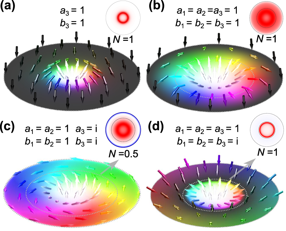 Figure 3:
Spin angular momentum textures of scattered fields when the sources are (a) pure octupoles (a
3 = b
3 = 1), (b) mixed multipoles (a
1,2,3 = b
1,2,3 = 1), (c) mixed multipoles with phase difference between different orders (a
1,2 = b
1,2 = 1, a
3 = b
3 = i) and (d) mixed multipoles with phase difference between electric and magnetic components (a
1,2,3 = 1, b
1,2,3 = i).