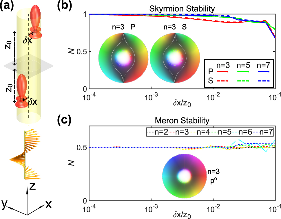 Figure 4:
Topological stability of skyrmion and meron. (a) Schematic diagram of two-particle system with positional disturbance δx. (b) Topological charge numbers of P and S textures. (c) Topological charge number of canonical momentum field p
o
with respect to δx. The insets show the textures when δx = 0.01z
0, where n refers to the Mie coefficient order.
