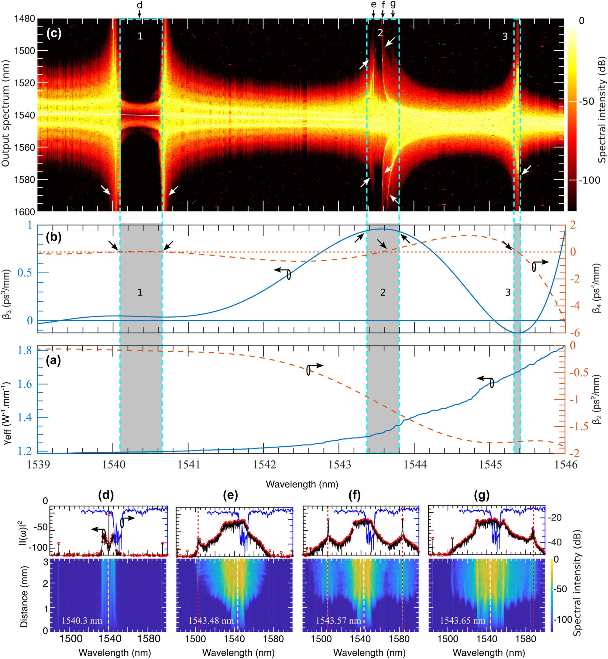 Figure 2: 
Noise-induced MI driven by the device’s dispersion and nonlinear parameters: (a) and (b) present the experimentally measured effective nonlinear parameter (γ) and dispersion parameters (β
2, β
3, β
4) across the wavelength range of 1,539 nm–1,546 nm which are used in the numerical simulation. Using this range as the pump, (c) shows how noise-induced MI generates a new spectrum. The shaded regions in (a) and (b) correspond to specific parameter values that define three distinct regions in (c): region 1, where no new wavelengths are generated, and regions 2 and 3, where new spectral components are formed. The bottom panels, (d), (e), (f), and (g), illustrate the spectral evolution at four selected wavelengths indicated by black arrows in (c). In these panels, dashed white lines mark the pump wavelength, red dotted lines indicate the newly generated spectral components and the transmission bands are shown in blue lines.