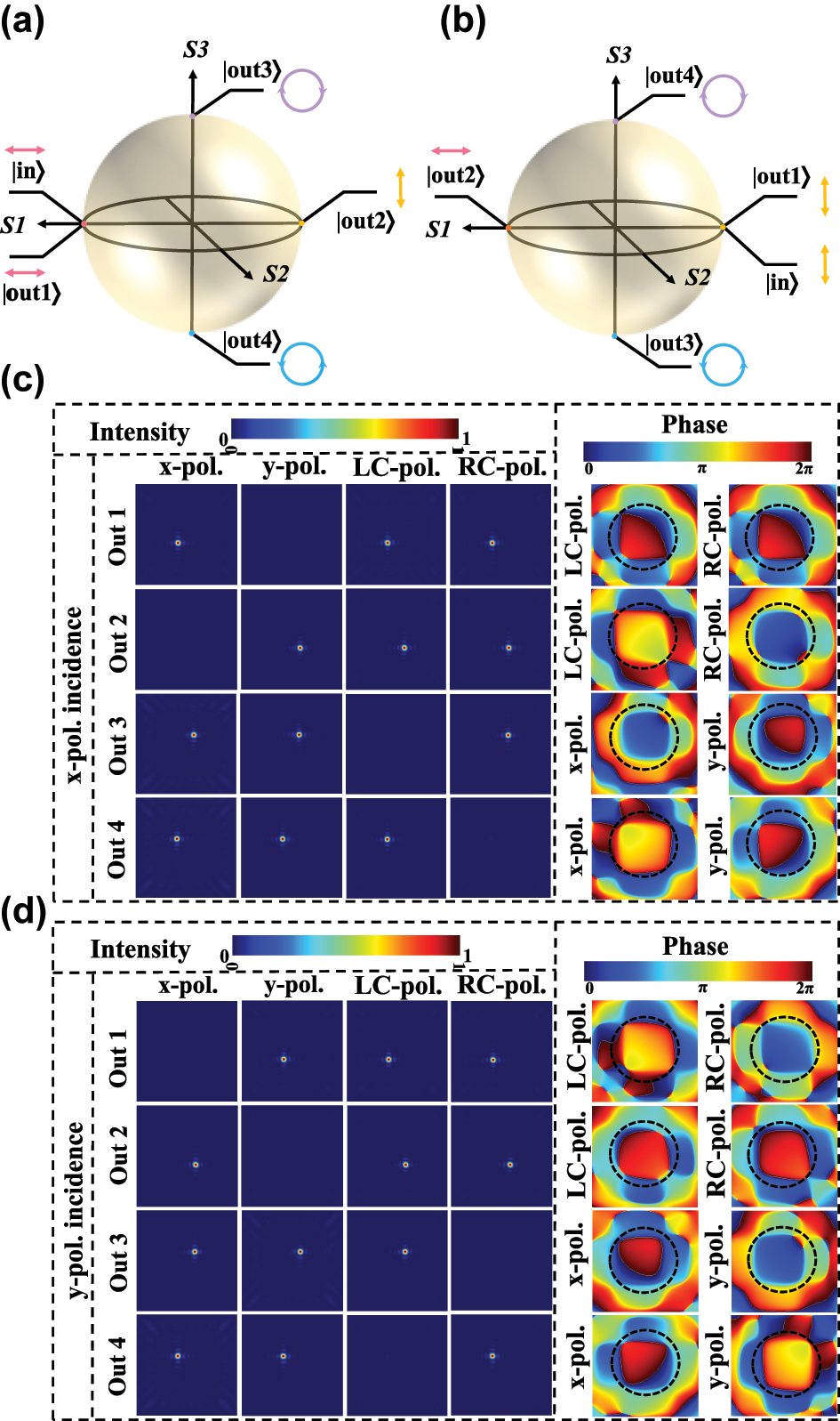 Figure 3:
Polarization components analysis of simulation results for x- and y-polarization incidence. (a) and (b) Illustrations of two orthogonal polarization basis generations on the Poincaré sphere with different incident polarization. (c) and (d) Electric field intensity and phase distributions of the transmitted polarization components in four channels under x- and y-polarization incidence.