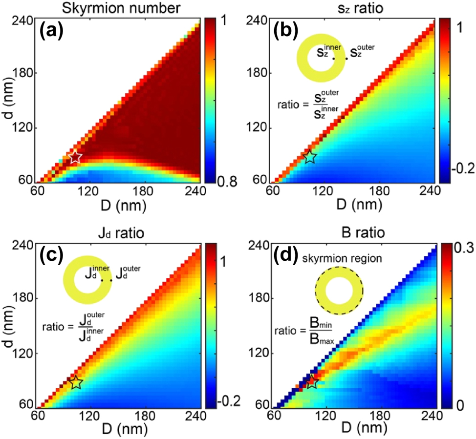 Figure 5:
Study of skyrmion generation by IFE for different inner “d” and outer “D” nanoring diameters, with a 30 nm gold thickness and excitation at λ = 600 nm. (a) Skyrmion number values. (b) Ratio of spin density values along Z between the inner and outer parts of the plasmonic nanostructure. (c) Ratio of drift currents (absolute values) associated with the spin densities shown in (b) between the inner and outer parts of the nanoring. (d) ratio between the maximum and minimum magnetic field amplitudes generated from the drift currents shown in (c) within the skyrmionic region of the plasmonic nanoantenna. The star highlights the dimensions considered in Figure 6.