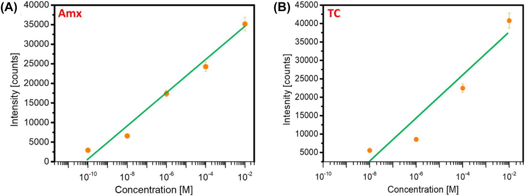 Figure 5: 
Direct correlation between the Raman intensity and the concentration of antibiotics (a) Amx and (b) Tc. The data points correspond to the measured Raman intensities at 855 cm−1 for Amx and 1317 cm−1 for Tc at different concentrations.
