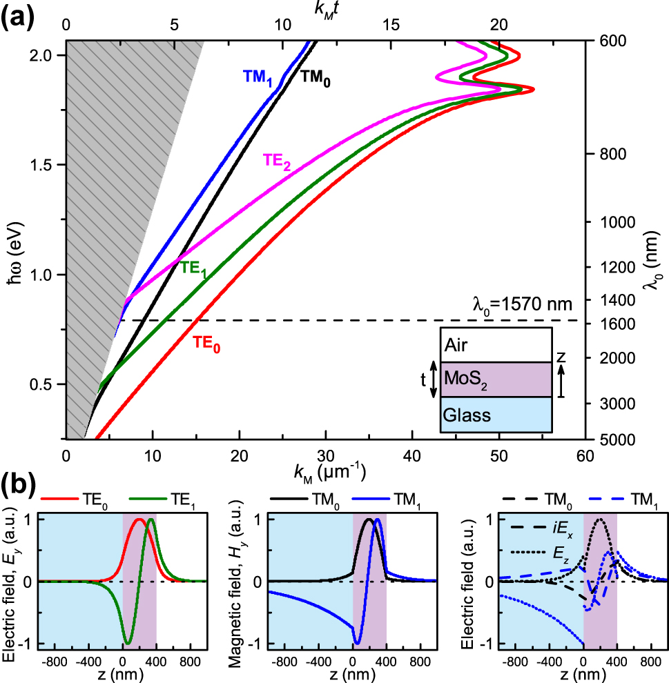 Figure 2:
Planar thin-film waveguide modes. a) Dispersion diagram showing photon energy ℏω (left vertical axis) and corresponding free-space wavelength λ
0 (right vertical axis) versus mode propagation constant k
M
(horizontal axes) for a t = 400 nm MoS2 flake on BK7 glass substrate for selected TE
m
(m = 0, 1, 2) and TM
m
(m = 0, 1) modes. The regime of leaky substrate modes is gray shaded, while the horizontal dashed line indicates the experimentally used wavelength. b) Field profiles for the TE
m
and TM
m
modes (m = 0, 1), propagating along the x-axis.