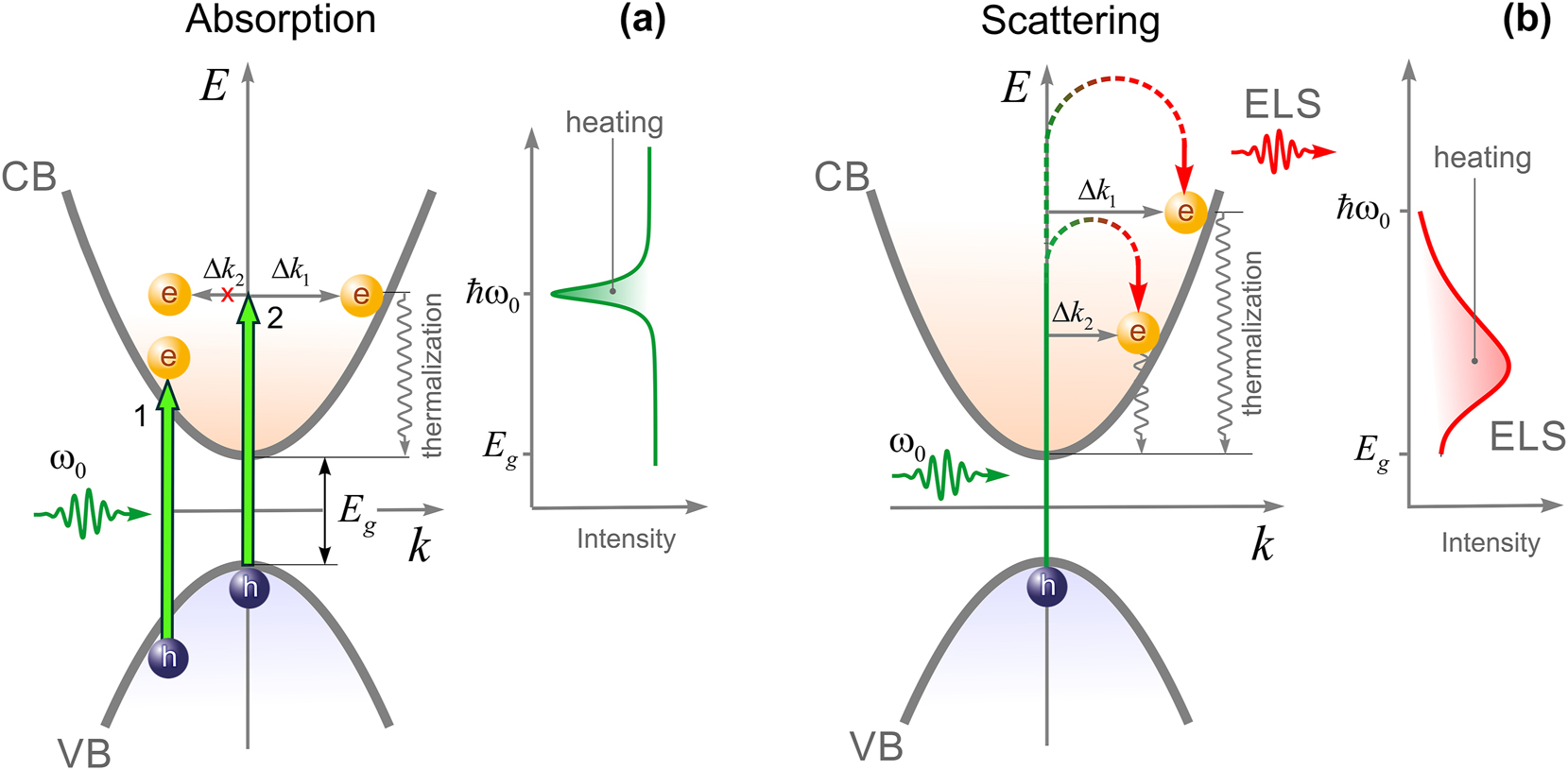 Figure 1:
Schematic illustration of direct/indirect absorption (a) and scattering (b) in a direct bandgap semiconductor. The inset on each plot shows a spectrum of transmission (a) and reflection (b).