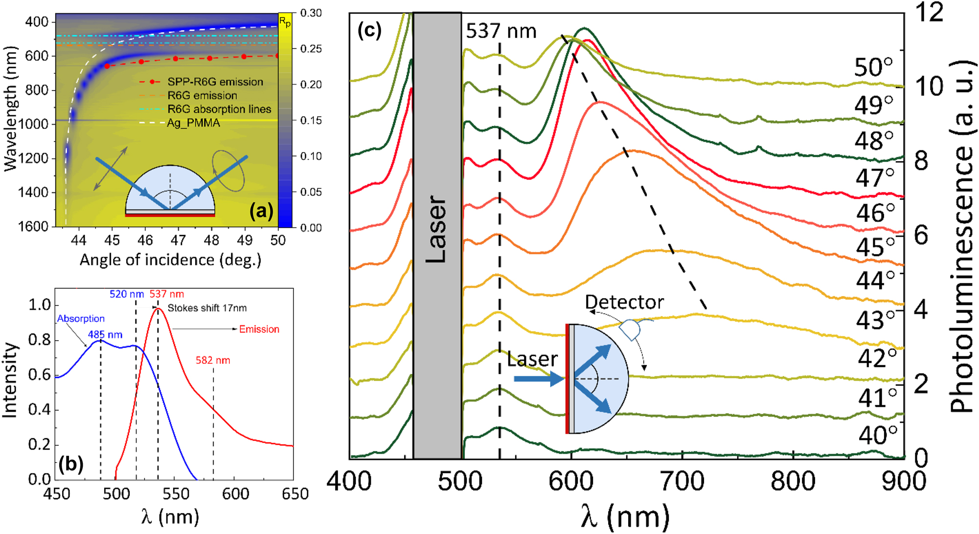Figure 1:
Experimental setup and measured reflection and emission spectrum of strongly coupled SPP and exciton of R6G molecules: (a) total internal reflection ellipsometry measurements of strongly coupled R6G dye and SPP with optical excitation configuration (inset) and emission of SPP-R6G (red symbol curve), single SPP (white dashed line), single R6G absorption (cyan lines) and emission (orange line); (b) typical R6G dye fluorescence absorption and emission spectrum; (c) photoluminescence spectra of strongly coupled SPP-R6G mode at emission angles from 40° to 50°, where the dashed lines are the emission peaks. Schematic representation of photoluminescence experiment setup in shown in the inset.