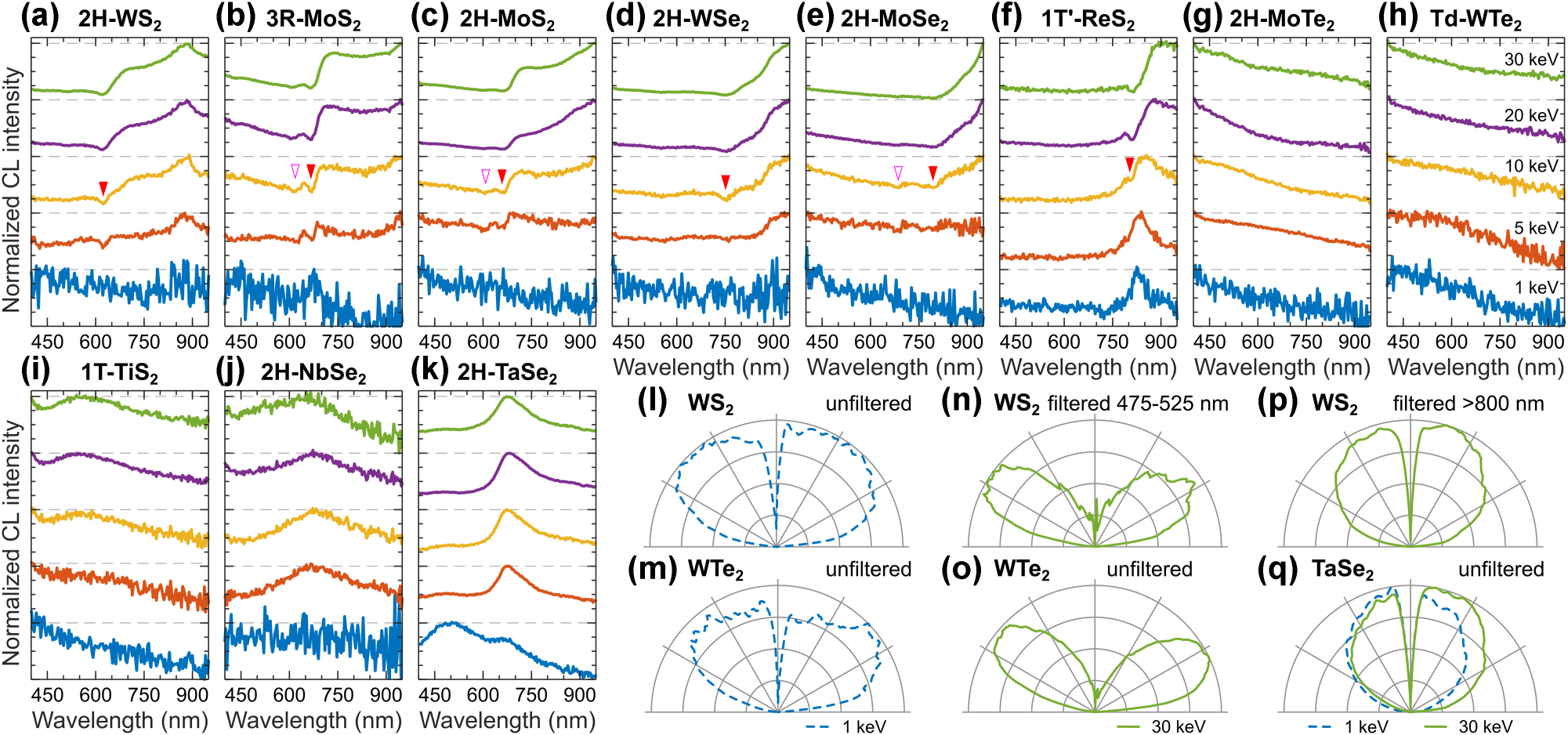 Figure 9: 
CL of TMD crystals. Normalized CL spectra measured in a range of electron beam energies for a variety of TMD crystals: (a) 2H-WS2, (b) 3R-MoS2, (c) 2H-MoS2, (d) 2H-WSe2, (e) 2H-MoSe2, (f) 1T′-ReS2, (g) 2H-MoTe2, (h) Td-WTe2, (i) 1T-TiS2, (j) 2H-NbSe2, and (k) 2H-TaSe2. Spectral dips corresponding to excitons XA (red triangle) and XB (open magenta triangle) are indicated for relevant TMD crystals. (l–m) Mixed angular radiation profiles of WS2 and WTe2 at 1 keV. (n, p) Spectrally decomposed angular radiation profiles of WS2 at 30 keV into (n) coherent and (p) incoherent CL, which are representative for the semiconducting TMDs. (o) Dipolar angular radiation profile of WTe2, which is representative for the semimetallic TMDs. (q) Isotropic angular radiation profile of TaSe2 at 1 keV (dashed blue) and 30 keV (solid green).
