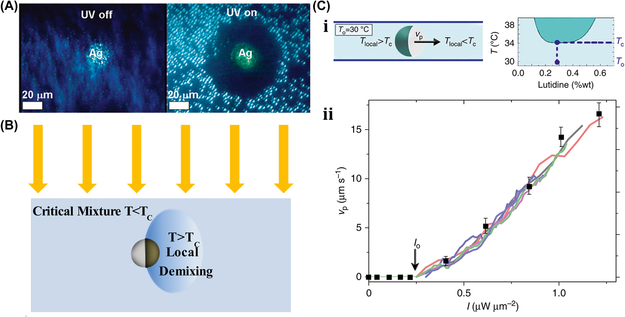 Figure 15: 
Self-diffusion–driven µn-Bots. (A) Silver catalyst–based microdisk motion in H2O2 solution under the influence of UV light. Reproduced with copyright permission from [88]. (B) Propulsion of Janus particle under the light illumination heated above T
C. Reproduced with copyright permission from [90]. (C) (i) SiO2 spheres micromotor working mechanism. (ii) Micromotor propulsion speed versus intensity of light. Reproduced with copyright permission from [128].

