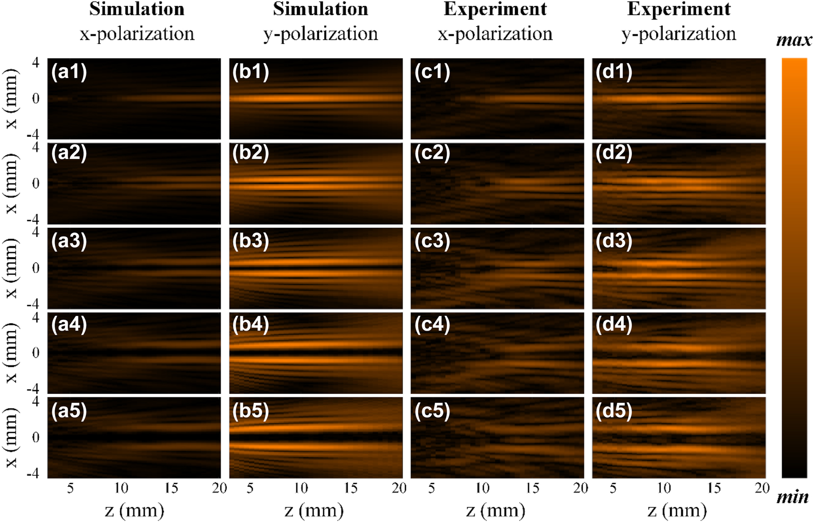 Figure 9:
Simulation and experimental results of generated Bessel beams’ field distribution in the x-z plane when the relative rotation angle between meta1 and meta2 is 0, π/9, 2π/9, π/3, and 4π/9, with an overall rotation of π/4. (a1–a5) and (b1–b5) Simulation results of generated Bessel beams’ Ex and Ey field distribution in the x-z plane, respectively. (c1–c5) and (d1–d5) Experimental results of generated Bessel beams’ Ex and Ey field distributions in the x-z, respectively.