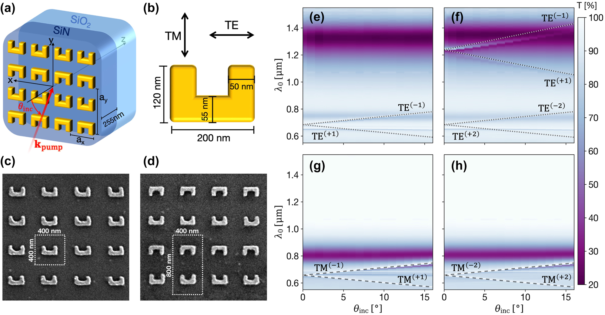 Figure 2:
Experimental realization and linear characterization. (a) Schematic description of dimerized SRRs metasurface on a SiN waveguiding slab. (b) Illustration depicting the typical dimensions of the SRRs in fabricated metasurfaces and the definition of polarizations in the experiment. (c) and (d) show SEM images of resulting square and dimerized metasurfaces, respectively. (e,f) and (g,h) Angle-dependent transmittance spectra for TE and TM polarization, respectively, where the left panels present the results for the square metasurface and the right panels for the dimerized metasurface. The calculated GMRs’ dispersion lines are added and labeled for guidance.