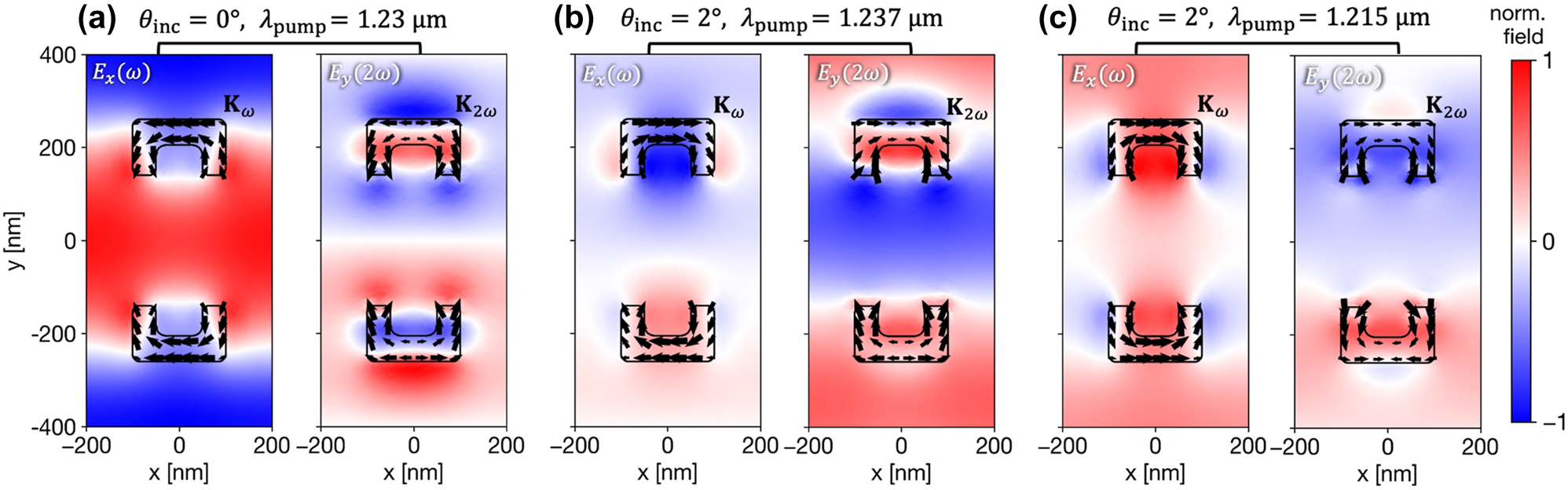 Figure 4:
Near-fields and currents in the unit cell at the fundamental and second-harmonic frequency. The panels represent the simulation results for the parameters indicated above. (a) At normal incidence where the GMRs intersect. (b)/(c) Oblique incidence on/off resonance with the nonlocal mode, respectively. The results are all normalized and correspond to the fields mentioned in the inset labels.