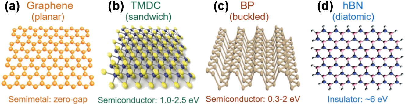 Figure 7: 
Crystal structures of classic 2D materials: (a) graphene, (b) TMDC, (c) black phosphorus, (d) hexagonal boron nitride [67]. Reprinted from Ref. [67], with permission (CC BY-NC-ND 4.0).
