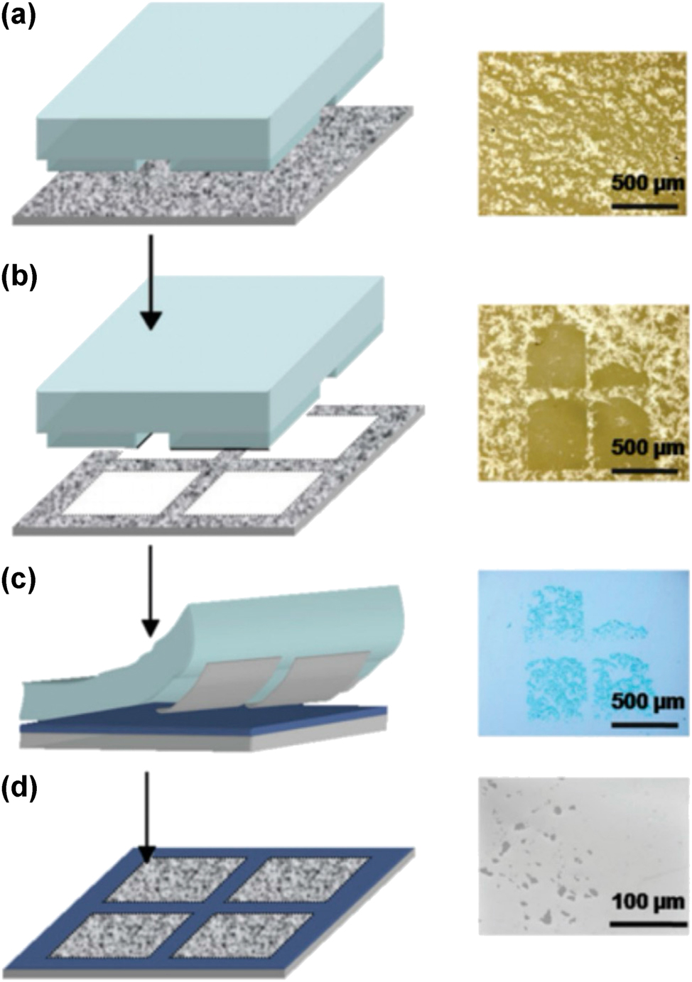 Figure 11: 
Transfer printing method for 2D materials. Diagram (left) and images acquired from optical microscope (right) showcasing the soft exfoliation and transfer method, one of the main mechanical methods of today. The process follows (a) depositing materials on glass substrate, (b) ink the pre-patterned polydimethylsiloxane (PDMS) stamp carefully, (c) contact inked stamp to heated Si/SiO2 substrate, (d) peel away revealing deposited materials [76]. Reprinted from Ref. [76], with permission (CC BY 4.0).
