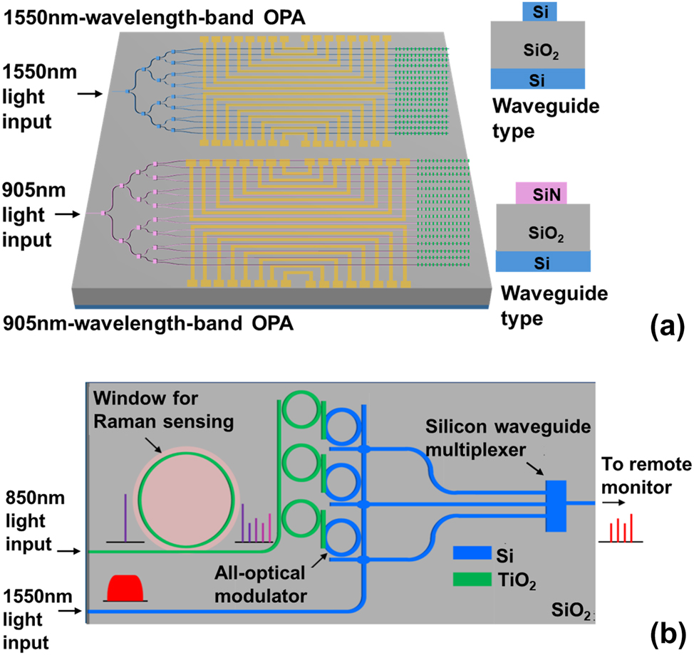 Figure 8: 
Conceptual schematics for advanced applications using the demonstrated MWB PIC with the novel 2.5D integration method. (a) Dual-band on-chip OPA. (b) Integrated communication and sensing chip.
