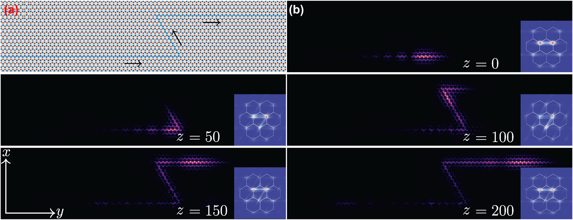 Figure 5:
Topological protection of the self-accelerating topological edge state. (a) Composite photonic graphene lattice with a Z-path domain wall indicated by the blue color. The arrows indicate the propagation direction of the input beam. (b) Field modulus distributions of a finite-energy self-accelerating valley Hall edge state at different distances illustrating passage through the Z-shaped region. The insets show the spatial spectrum of the beam in the Fourier domain with hexagons representing Brillouin zone. All panels are shown within the window −20 ≤ x ≤ 20, −100 ≤ y ≤ 100. The insets are shown within the window −5 ≤ k
x,y
≤ 5.