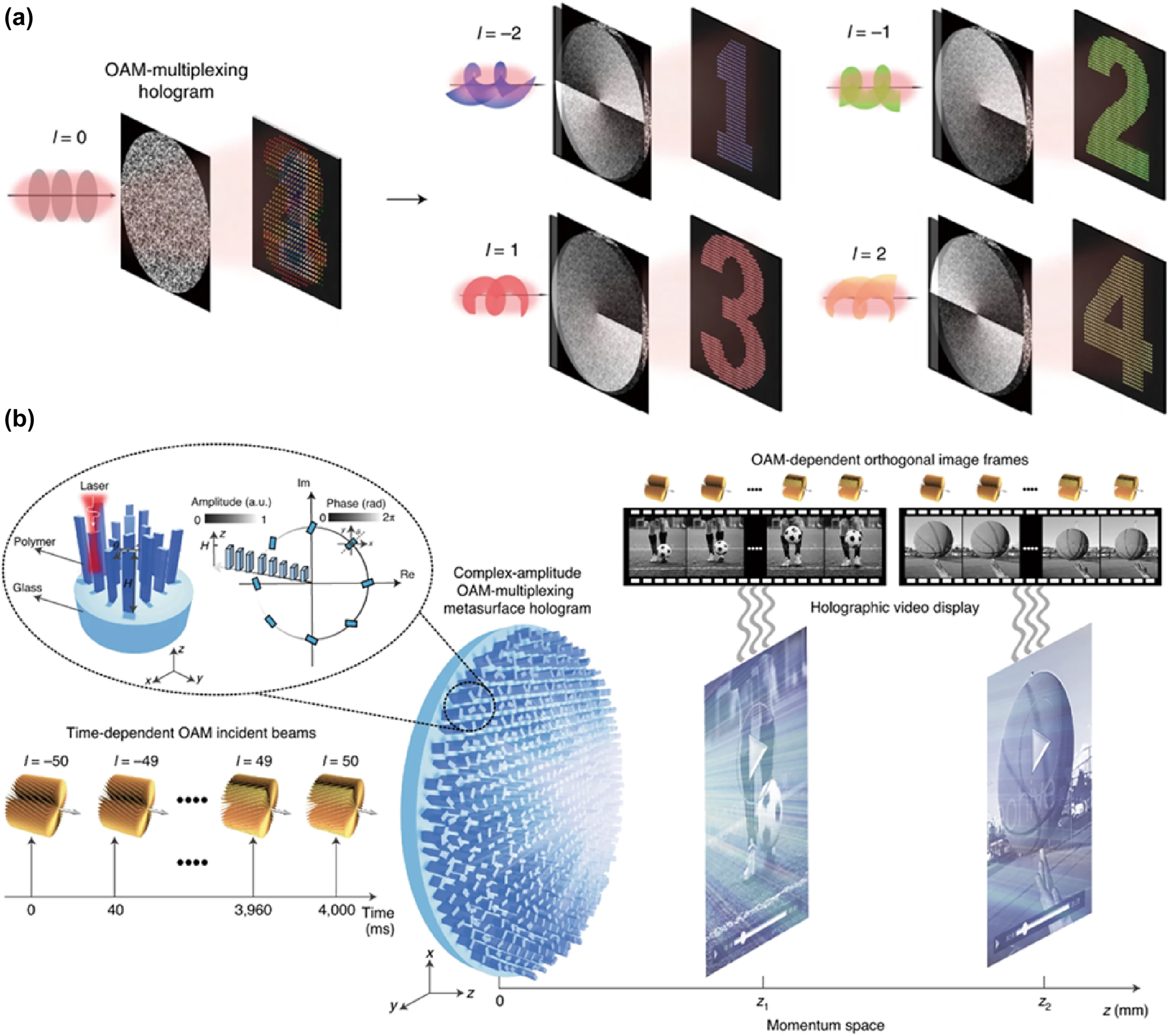 Figure 5: 
Orbital angular momentum (OAM) multiplexed meta-holography. a) Schematic of an OAM-multiplexing hologram capable of reconstructing OAM-dependent holographic images. b) Schematic of complex-amplitude metasurface-based OAM holography that encodes 200 OAM-dependent holographic images and can make holographic videos. a) Reprinted from Ref. [62], with permission from Springer Nature; b) reprinted from Ref. [61], with permission from Springer Nature.
