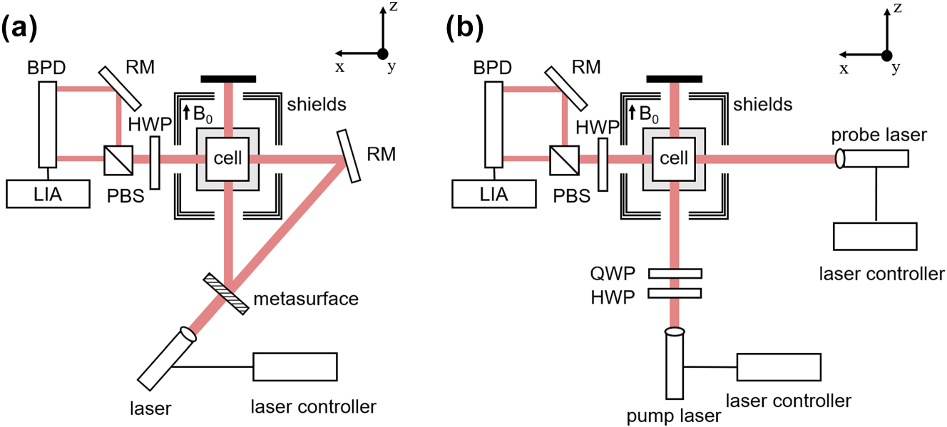 Figure 4: 
OPM system. (a) Structural diagram of OPM based on polarized metasurface. QWP: quarter-wave plate. HWP: half-wave plate. PBS: polarizing beam splitter. RM: reflecting mirror. BPD: balanced amplified photodiode. LIA: lock-in amplifier. (b) Structural diagram of dual-beam OPM based on conventional optics.
