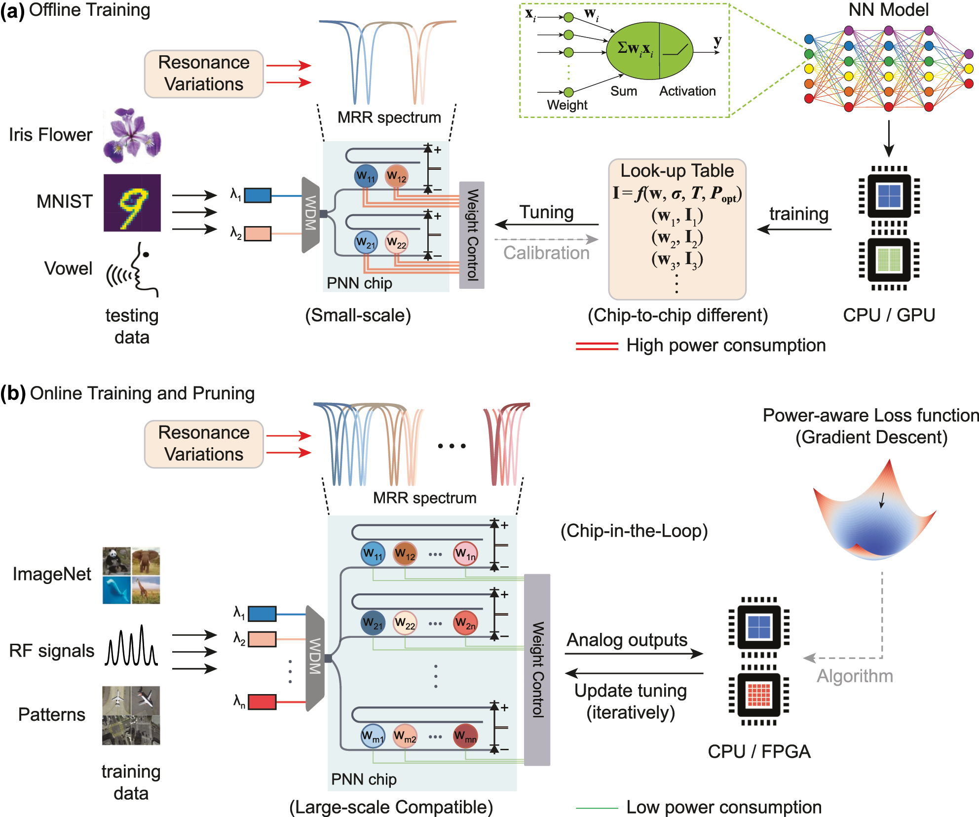 Figure 1: 
Comparison of offline training with online training and pruning approach. (a) Conventional offline training method supporting only small-scale PNN chips. In this approach, NN parameters are calculated in software and mapped onto the PNN chips. The resonance variations of MRRs necessitate complicated look-up tables, and lead to higher power consumption for MRR control. (b) Online training and pruning method compatible for large-scale PNN chips. The training of PNNs occurs on the same chip used for inference, accounting for any chip-to-chip variations and environmental fluctuations. Our approach simultaneously optimizes the PNN accuracy and the total power consumption for tuning all the MRRs.
