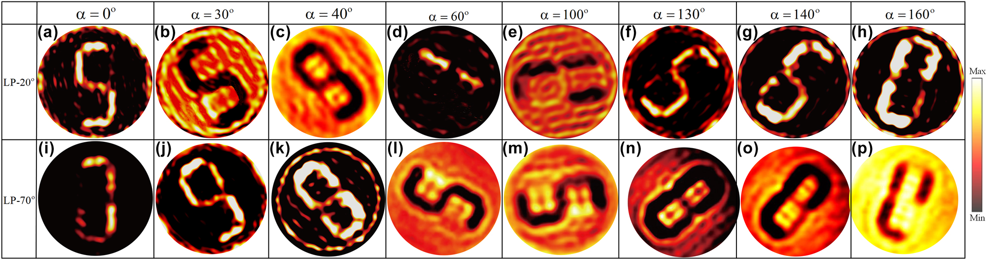 Figure 5:
Simulated holographic imaging results for disk rotation angles of 0°, 30°, 40°, 60°, 100°, 130°, 140°, and 160° under an incident polarization angle of (a)–(h) θ1 = 20° and (i)–(p) θ2 = 70°.