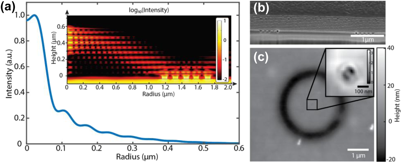 Figure 3: 
Generation and nano-focusing of OAM beam. (a) Light intensity distribution at the focus of the hypergrating (10 nm above the HMM) from numerical simulation. The inserted figure shows the light intensity distribution in HMM. Note that the intensity distribution has axial symmetry with respect to the principal axis. (b) Cross section of the hypergrating structure. (c) The surface topology of the Azo-polymer after the exposure measured by atomic force microscopy.
