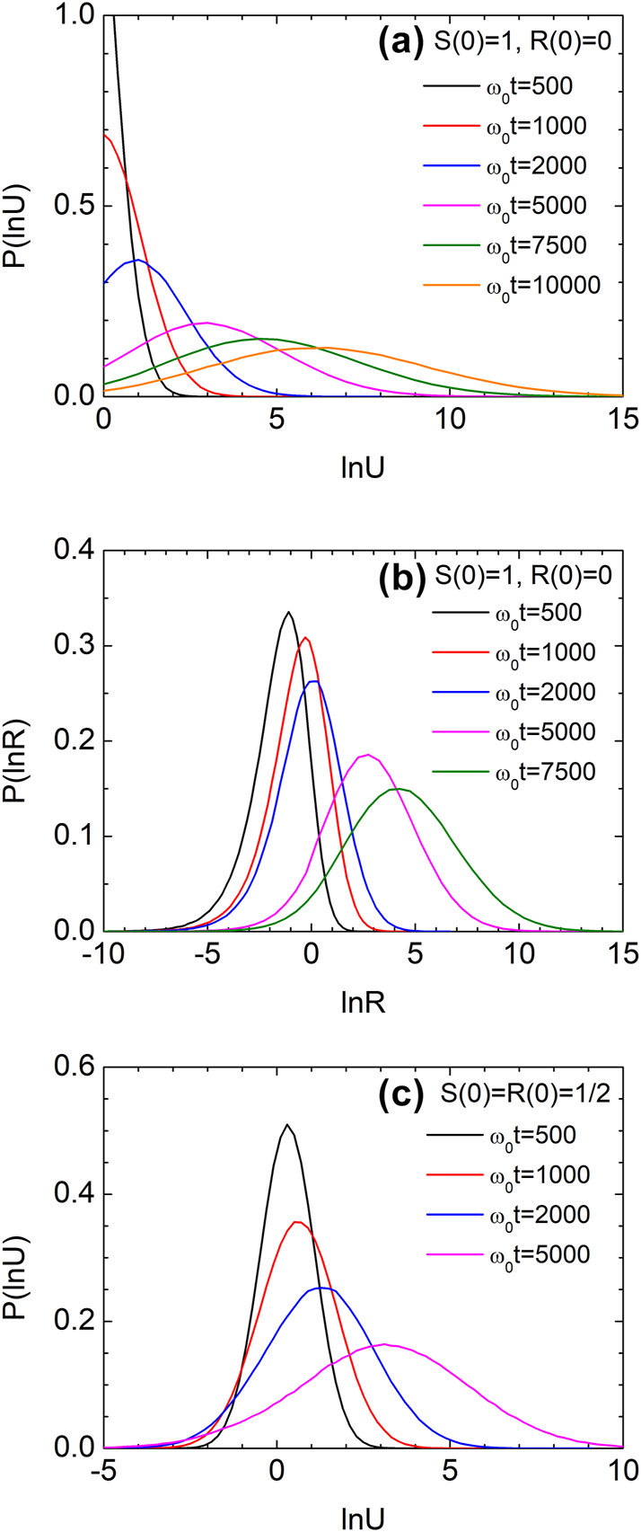 Figure 9:
Evolution of probability density functions under stepwise disorder (Model 2) with a
0 = 0.1 and Λ = 1/ω
0. (a,b) Distributions of ln U and ln R for unidirectional input, obtained from histograms of 106 samples at various times. (c) Distribution of ln U for symmetric bidirectional input, showing Gaussian behavior consistent with log-normal statistics.