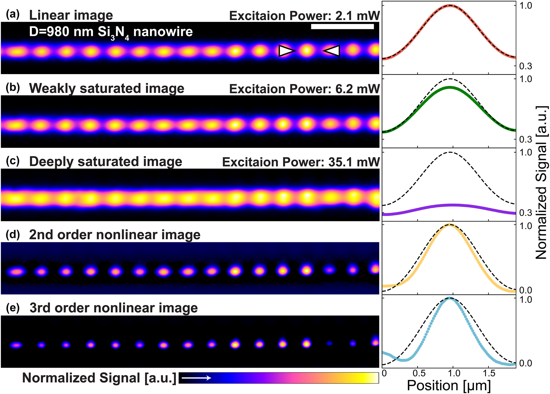 Figure 3: 
Super-resolution images of 980 nm diameter Si3N4 nanowire obtained by SAX microscopy. (a–c) Linear and saturated scattering images of Si3N4 nanowire with a diameter of 980 nm. The scale bar is 5 µm. (d, e) Scattering SAX images reconstructed by 2nd- (d) and 3rd-order (e) nonlinear signal. The corresponding signal profiles obtained at the position of white arrowheads in (a) are attached to the right side of each image, where the black dotted lines indicate the linear profiles. Excitation powers are 2.1 mW (a), 6.2 mW (b, d), and 35.1 mW (c, e) at the sample. The scan speed is 0.79 frame/s.
