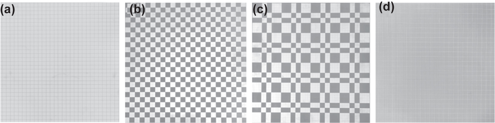 Figure 8: 
Experimental test substrates for three sequences. (a), (b) and (c) Metallic patch arranged by sequences of 111111, 010101, and 001011 are etched on one side of the PTEF plate. (d) Etch the metallic mesh on the other side of the PTEF plate.
