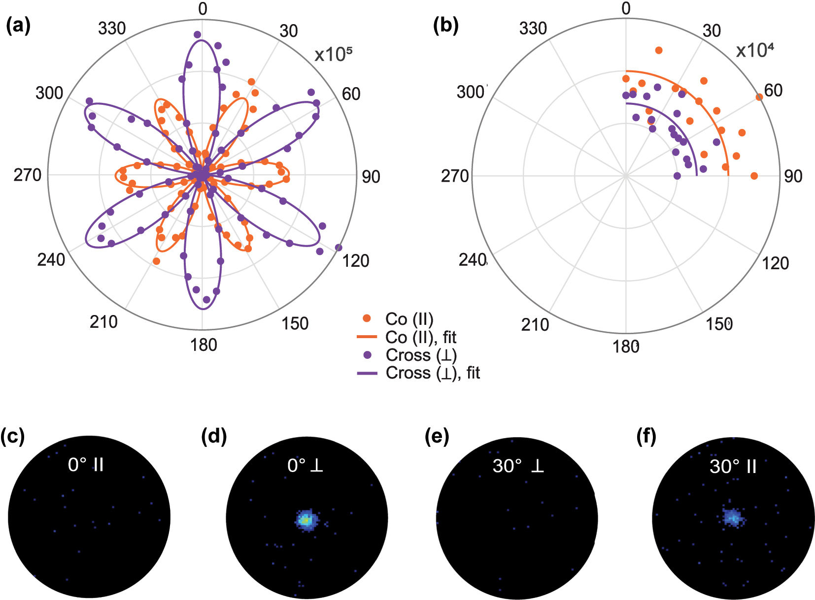 Figure 3: 
Symmetry-driven polarization behavior of SHG from monocrystalline Cu microflakes. (a) Polarization-dependent intensity of the second harmonic for the monocrystalline Cu microflake at 2.5 mW/μm2 excitation. Cross-polarized emission (purple), i.e. signals emitted perpendicular to the fundamental polarization, and co-polarized emission (orange), which is parallel to the fundamental polarization are shown. The data were fitted using the model by Sipe et al. [36]. (b) Polarization-dependent intensity measured for the polycrystalline Cu film measured using the same experimental configuration. The response of the polycrystalline film is represented by the average of all data points. (c–f) Fourier images of the SHG recorded in co-polarized and cross-polarized detection for crystal orientations φ = 0° and φ = 30°, using a 60× objective (NA = 0.7): (c) φ = 0°, co-polarized; (d) φ = 0°, cross-polarized; (e) φ = 30°, cross-polarized; (f) φ = 30°, co-polarized. No significant SHG signal was detected in panels (c) and (e). The bright central feature in (d) confirms dominant SHG emission in the cross-polarized channel at φ = 0°, attributed to strong in-plane anisotropic nonlinear polarization components. When the crystal orientation is changed to φ = 30°, the dominant SHG signal appears in the co-polarized channel (f). In both cases, the SHG emission is concentrated near the center of the Fourier plane, indicating that the emission is predominantly directed normal to the surface of the flake.
