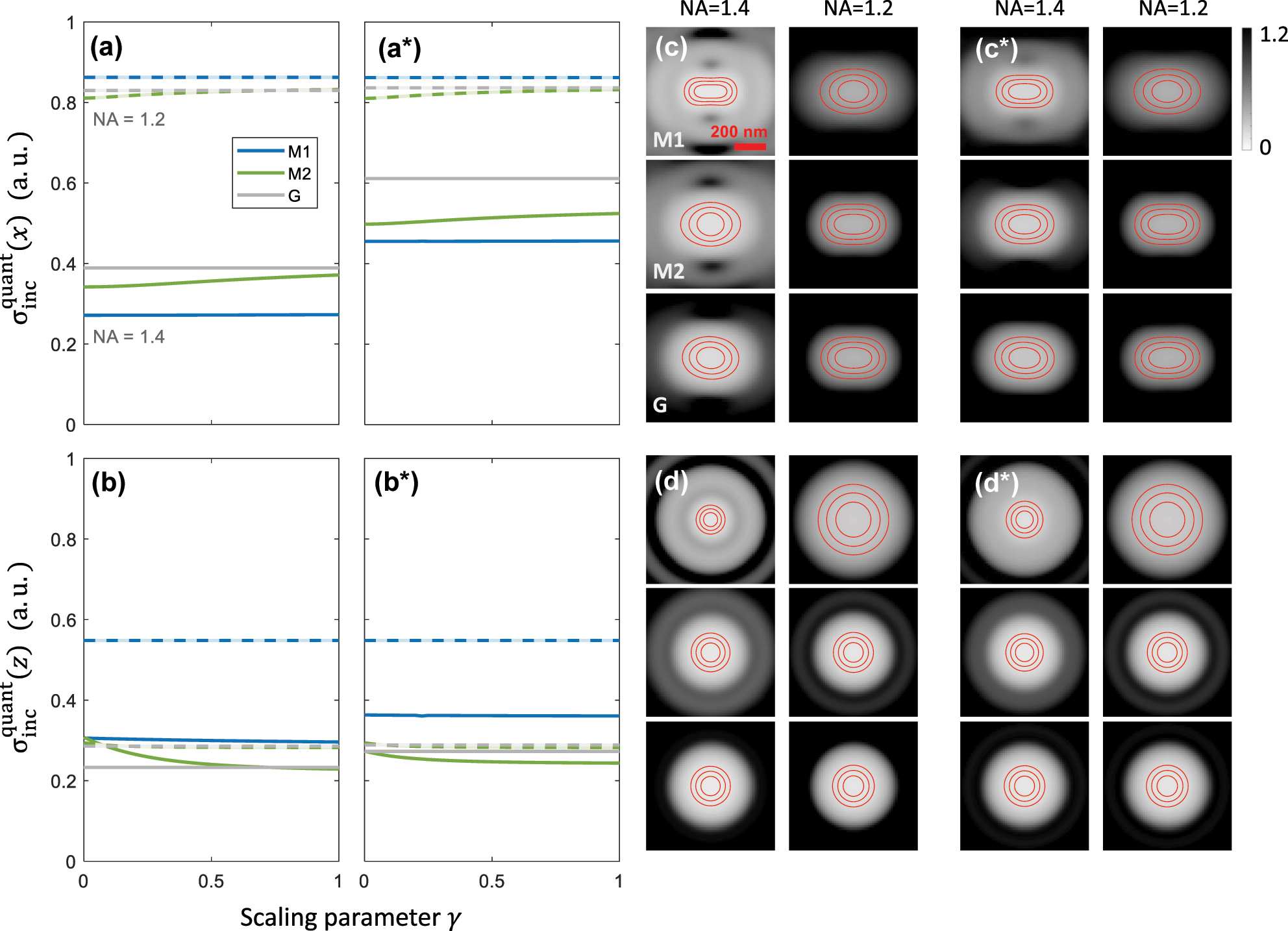 Figure 6: 
Dependence of quantum Cramér–Rao bound of Eq. (7) on the scaling parameter γ and the particle position 
R
0. Panels (a, b) report the scaling parameter dependence of the bound 




σ


inc


quant



${\sigma }_{\text{inc}}^{\text{quant}}$


 (in arbitrary units) for a particle located on top of a glass–water interface, and for localization of (a) X0 and (b) Z0. We analyze the dependence for the different modes M1, M2, G. Panels (c, d) show maps of the bound 




σ


inc


quant



${\sigma }_{\text{inc}}^{\text{quant}}$


 for particles located at different positions in the xy-plane and for localization of (a) X0 and (b) Z0. The red lines are isolines for σinc at values 10, 25, and 50 percent above its minimum value at the center. (a*–d*) Same as (a–d) but for particle located 1 μm above the interface.
