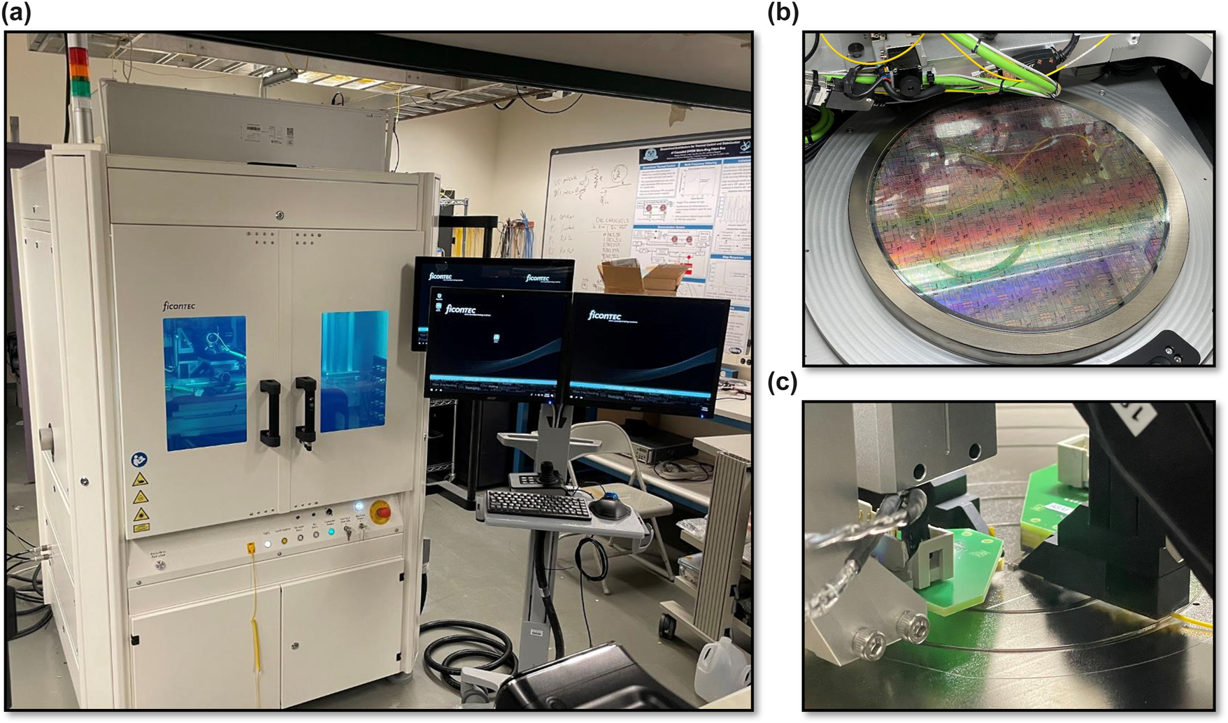 Figure 2: 
Wafer-level tester. (a) Image of ficonTEC wafer prober. (b) Image of 300 mm active photonic wafer on wafer table. (c) Image of four probes, electrical and optical, being used simultaneously on a single die.
