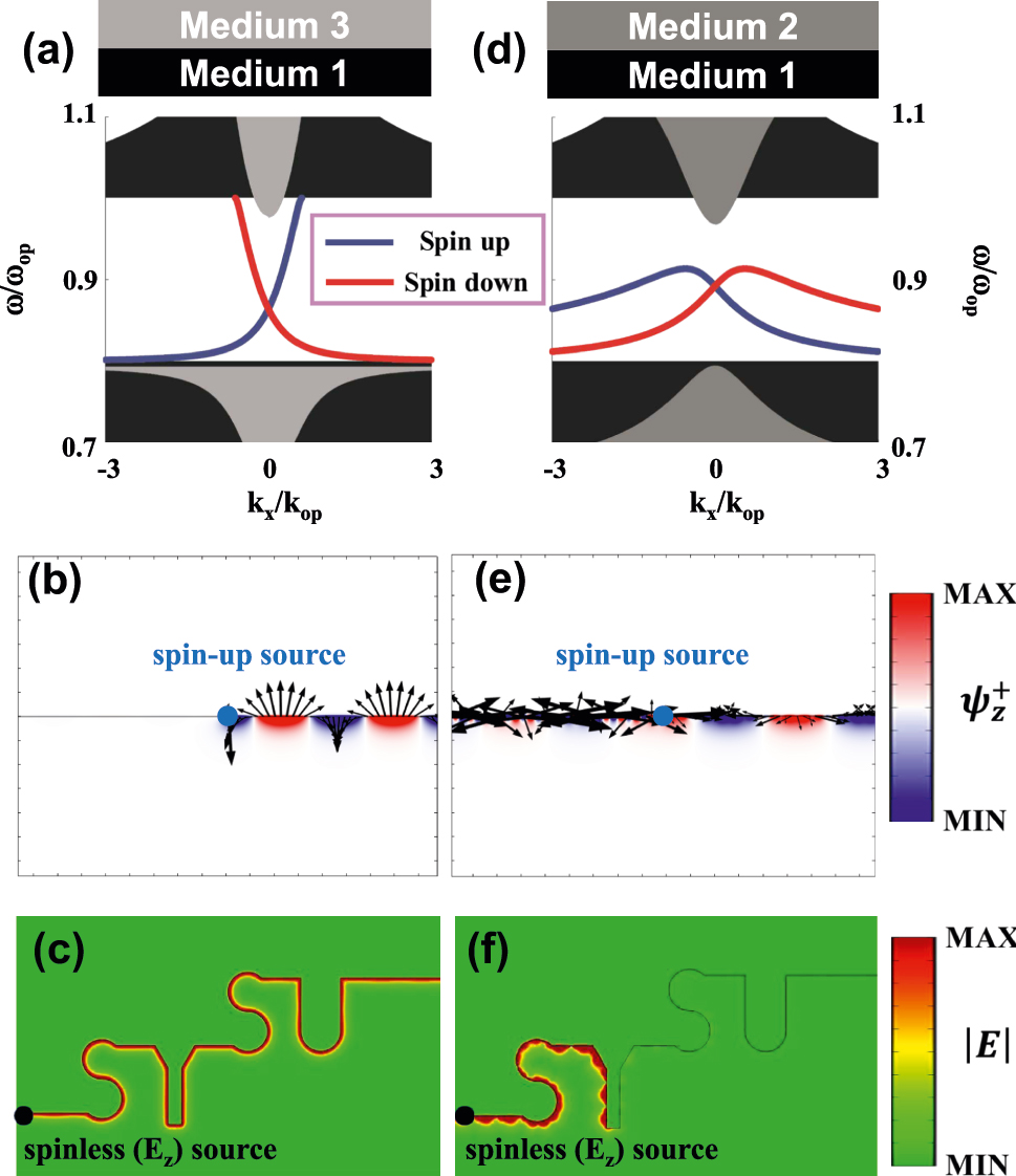 Figure 5: 
Optical propagation in topologically non-trivial (left) and trivial (right) interfaces. (a) Edge dispersion at an interface between an C

s
 = 0 ordinary opacity (medium 1) and a C

s
 = −1 topological opacity (medium 3). (b) Rightward unidirectional couple excited by a spin-up point source (blue dot). The black arrows represent the in-plane components (ψ

x
, ψ

y
) of edge states. (c) Robust propagation of topological edge state against the ‘SYSU’ shaped bending, by using a spinless E
z-polarization source (black dot). (d) Edge dispersion supported by an interface between two ordinary opacities (medium 1 and medium 2). (e) and (f) Same numerical setup to the left panel, except for topologically trivial interface.
