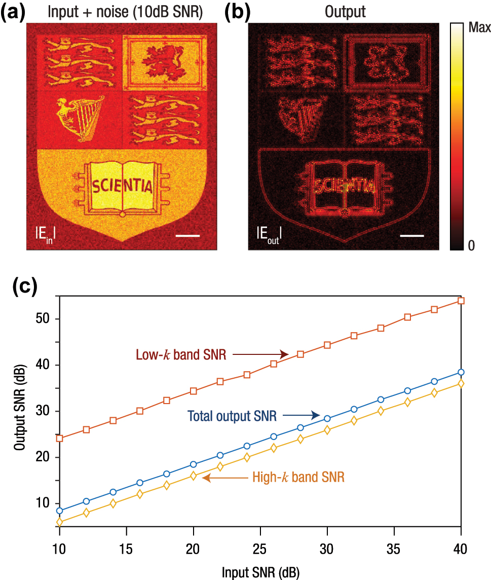 Figure 7: 
Noise propagation through the optical differentiator. (a) Input amplitude image (having 10 dB SNR) with added zero-mean white Gaussian noise on the amplitude. (b) Device output magnitude |E

r
| after filtering with the reflection transfer R(k
⊥). (c) Output SNR summary: image-domain SNR (blue) and spectral SNR in low-k (0–0.15 k
0, red) and high-k (0.30–0.60 k
0, yellow) bands, evaluated with the same numerical NA cap k ≤ 0.6k
0. The scale bars in panels (a) and (b) correspond to 20 × 2π/k
0.
