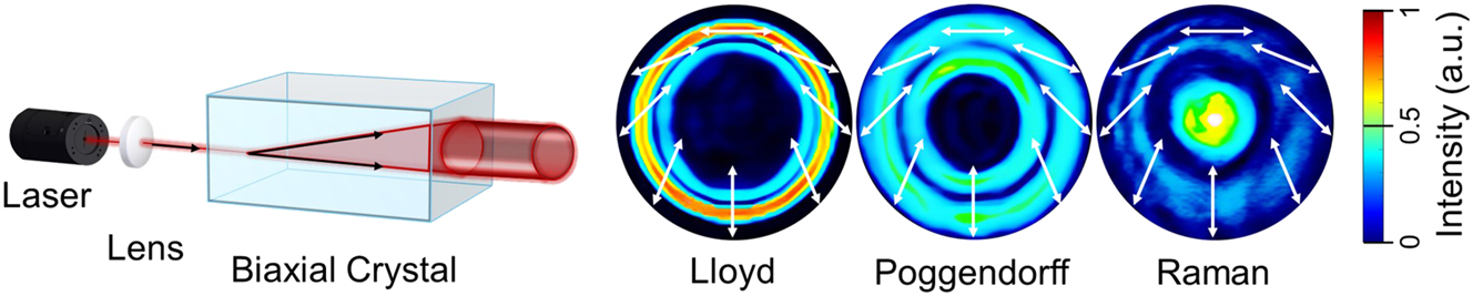 Figure 2: 
Schematic representation of internal CR: a collimated light beam passing through a biaxial crystal parallel to one of its optical axes refracts inside the crystal and emerges as a hollow light cylinder. The resulting cylinder exhibits distinct intensity beam profiles (Lloyd, Poggendorff, and Raman) and polarisation distributions, which vary with the position of the observation camera.
